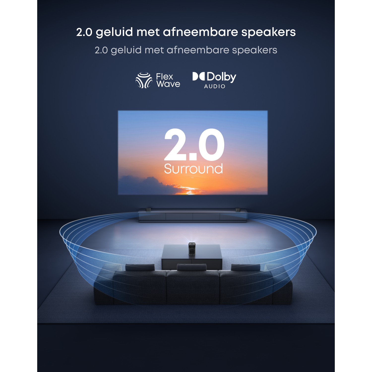 Projector displays '2.0 Surround' on screen. Sofa and table in foreground.
