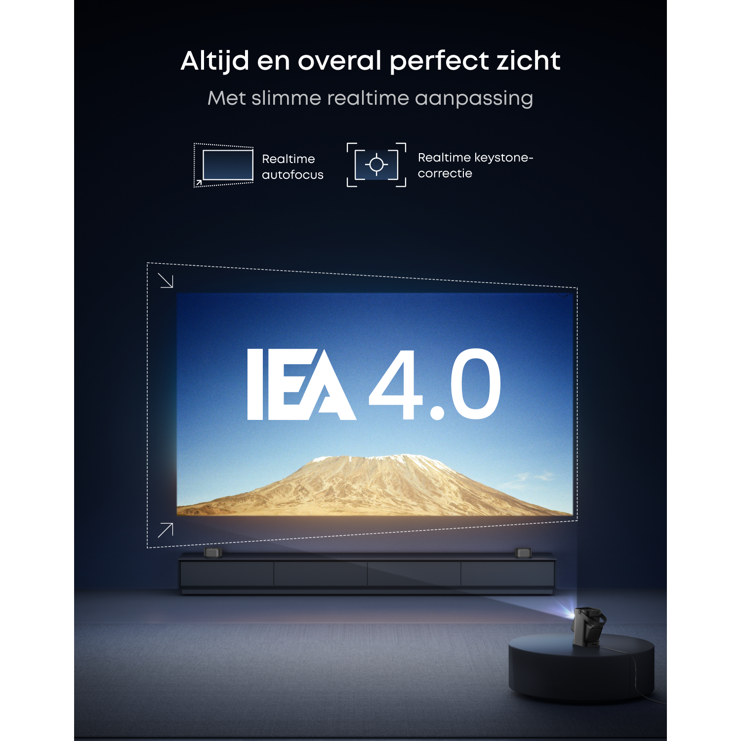 Projector with real-time focus and keystone correction projects image.