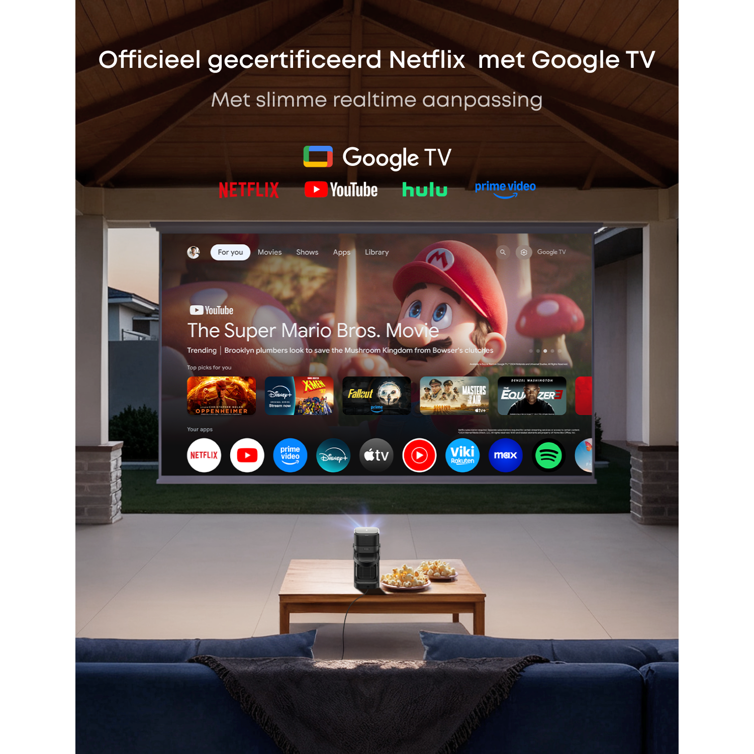A projector displays Netflix and Google TV on a screen featuring Super Mario Bros. movie.