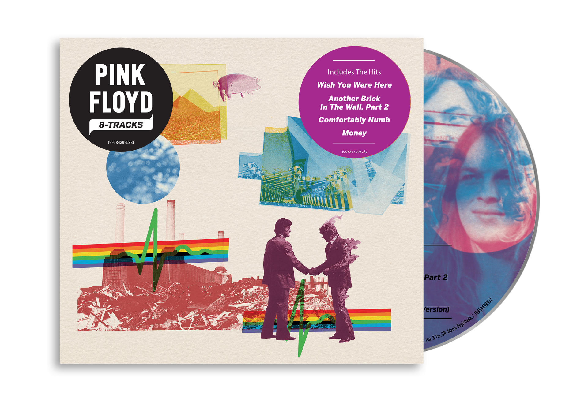 Pink Floyd 8-Tracks Albumcover mit Collagen-Stil, Schwein, Fabrik und Musikern.