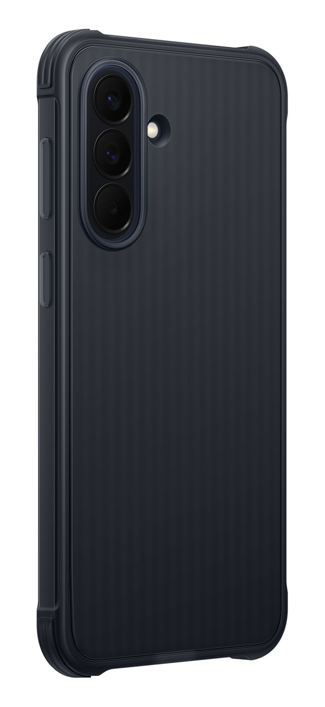 Ciemnoniebieski smartfon z trzema aparatami i lampą błyskową z tyłu.