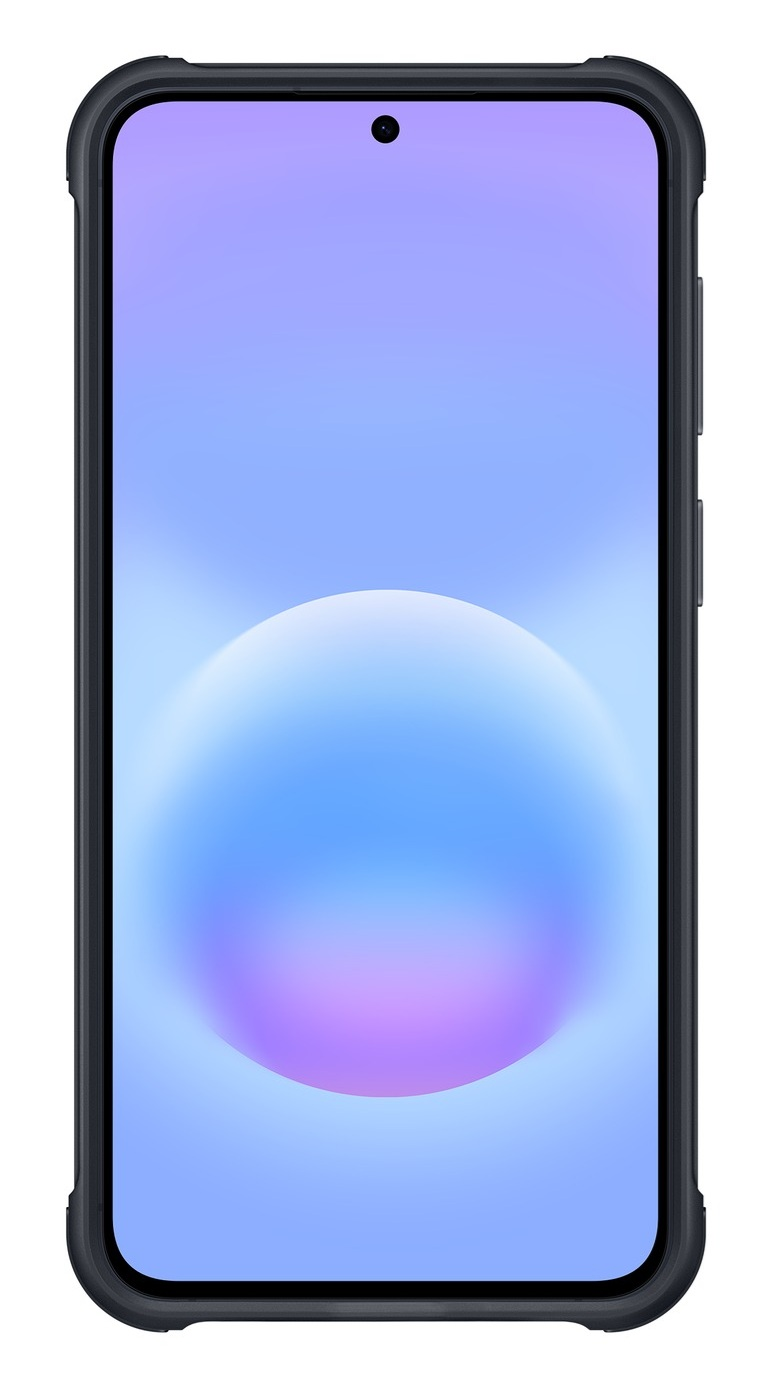 Ciemny smartfon z niebiesko-fioletową grafiką kuli na ekranie.