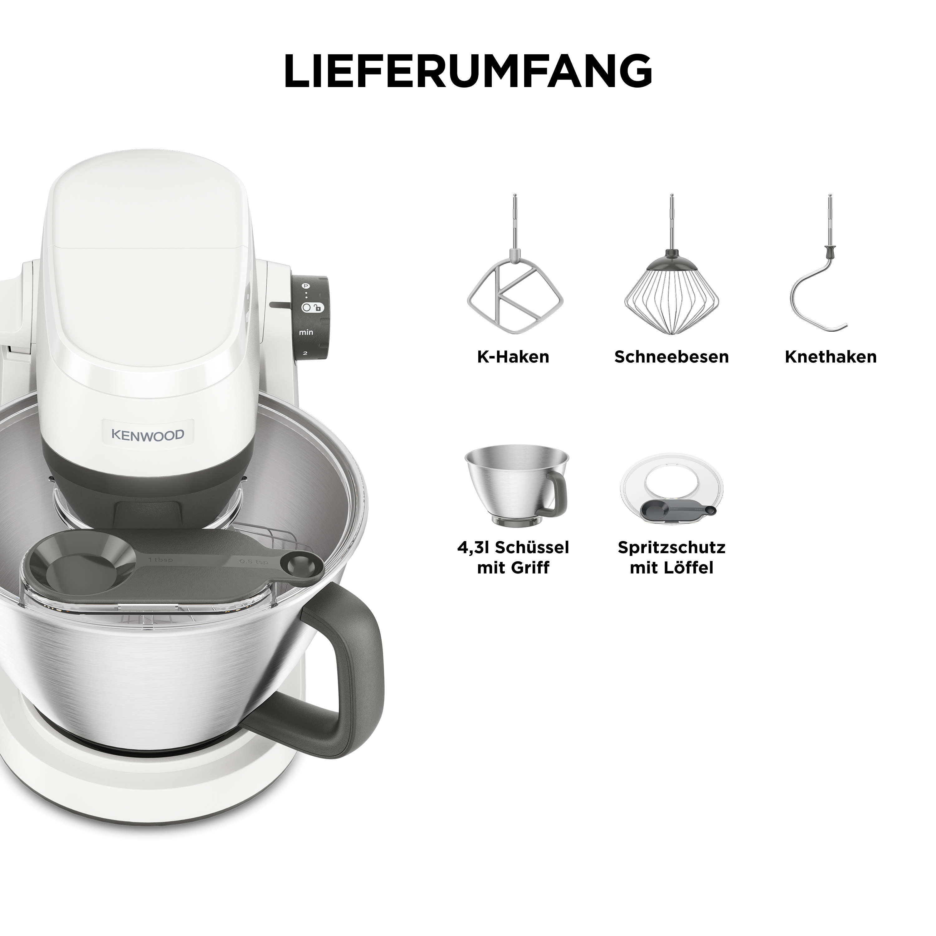 Ein Kenwood Küchengerät mit Zubehör: K-Haken, Schneebesen, Knethaken, Schüssel und Spritzschutz.