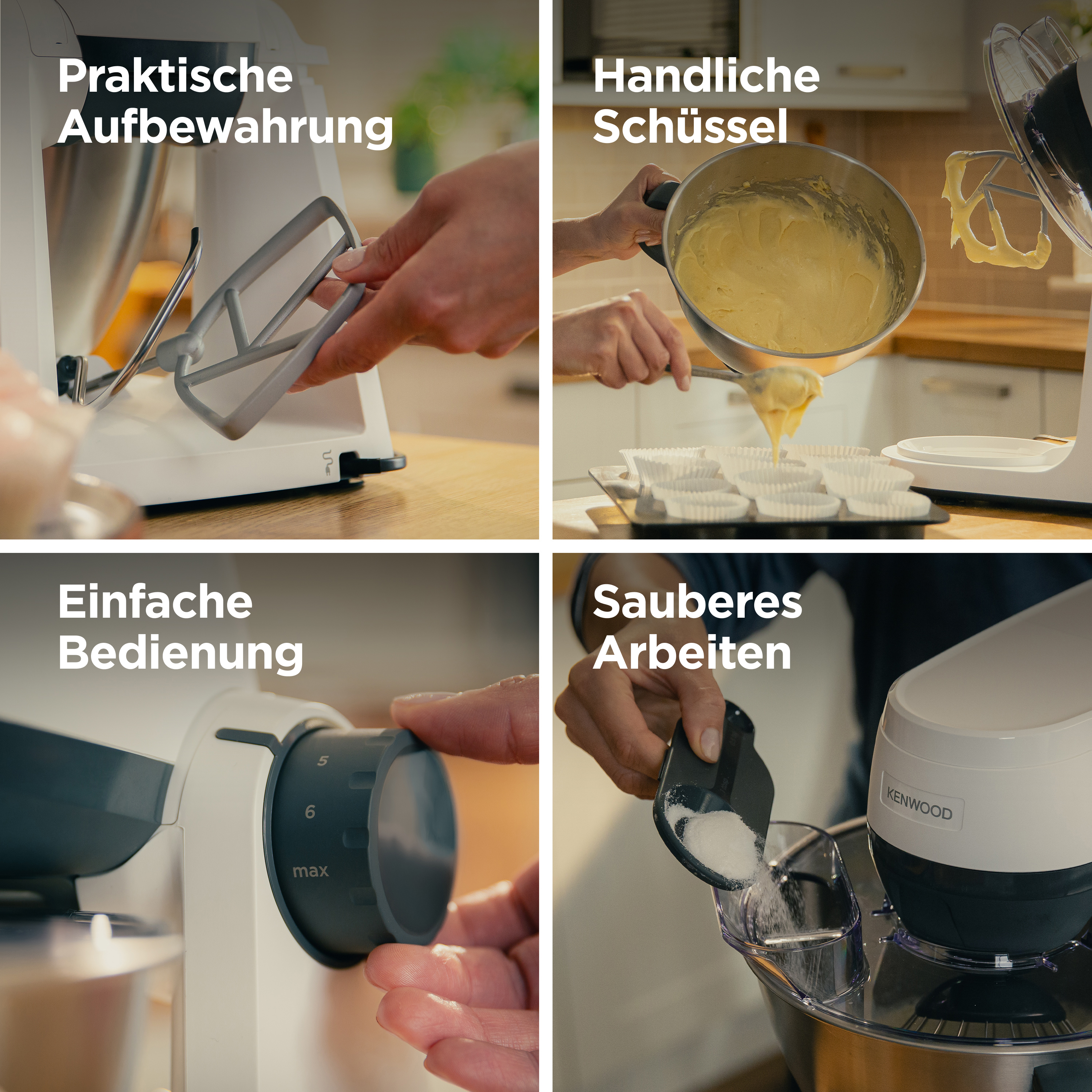 Küchenmaschine: Rührschüssel, Teig, Muffinblech, Drehregler, Zutatendosierer.