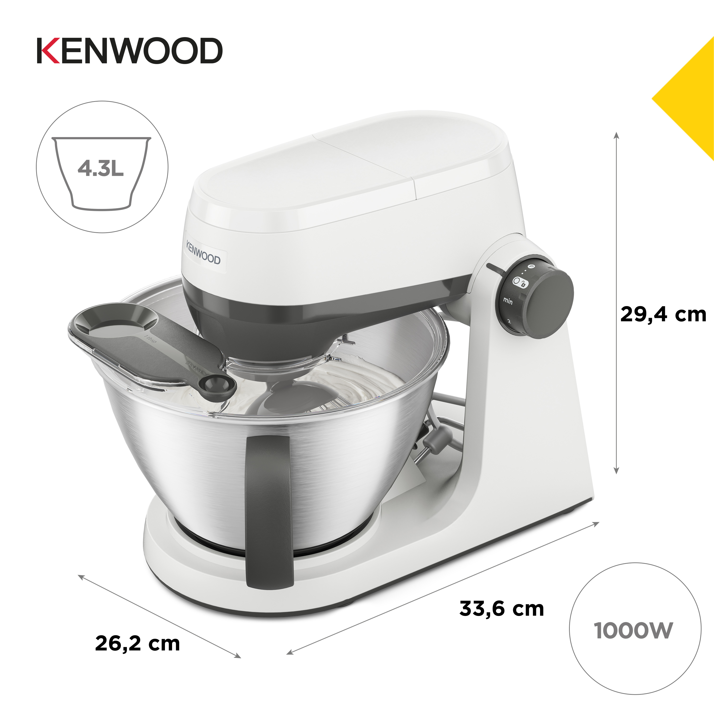 Weiße Kenwood Küchenmaschine mit 4,3L Schüssel, 1000W Leistung.