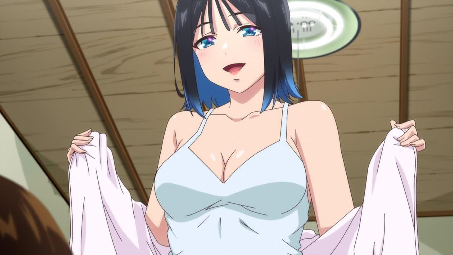 Eine Anime-Frau mit blau gefärbten Haaren trägt ein weißes Top und hält ein weißes Tuch.