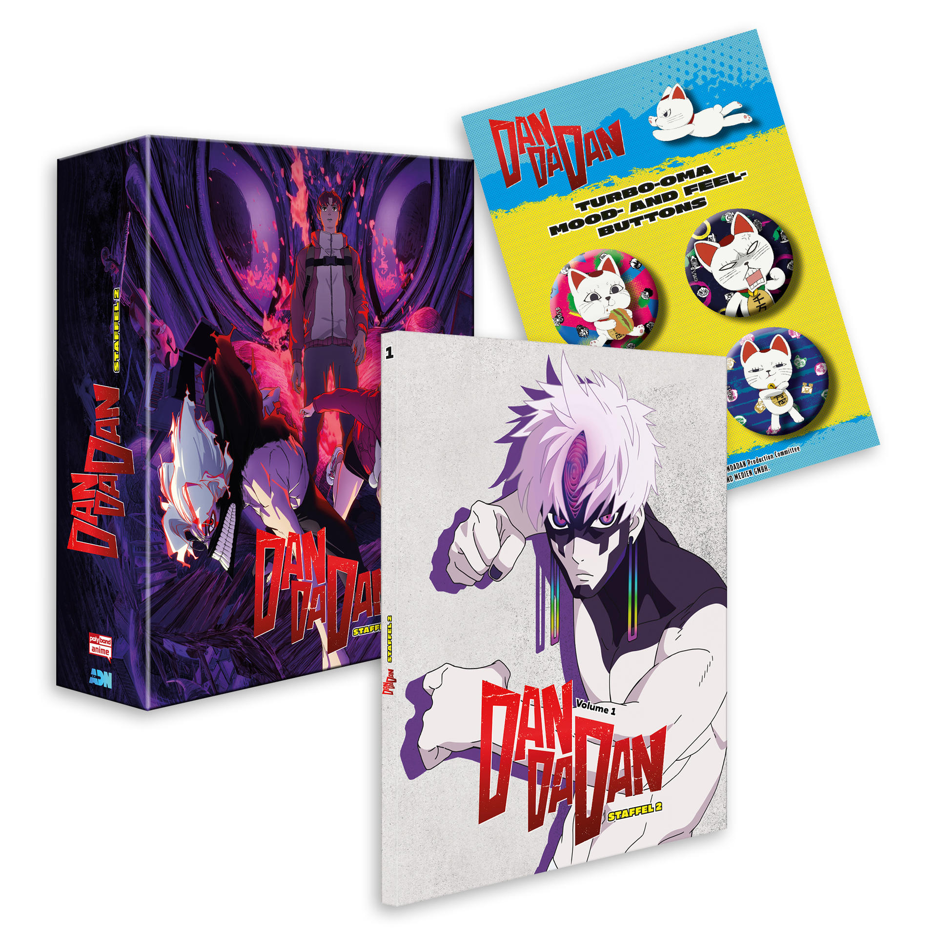 Anime-Box, Staffel 2, und ein Heft mit Buttons im Anime-Stil.