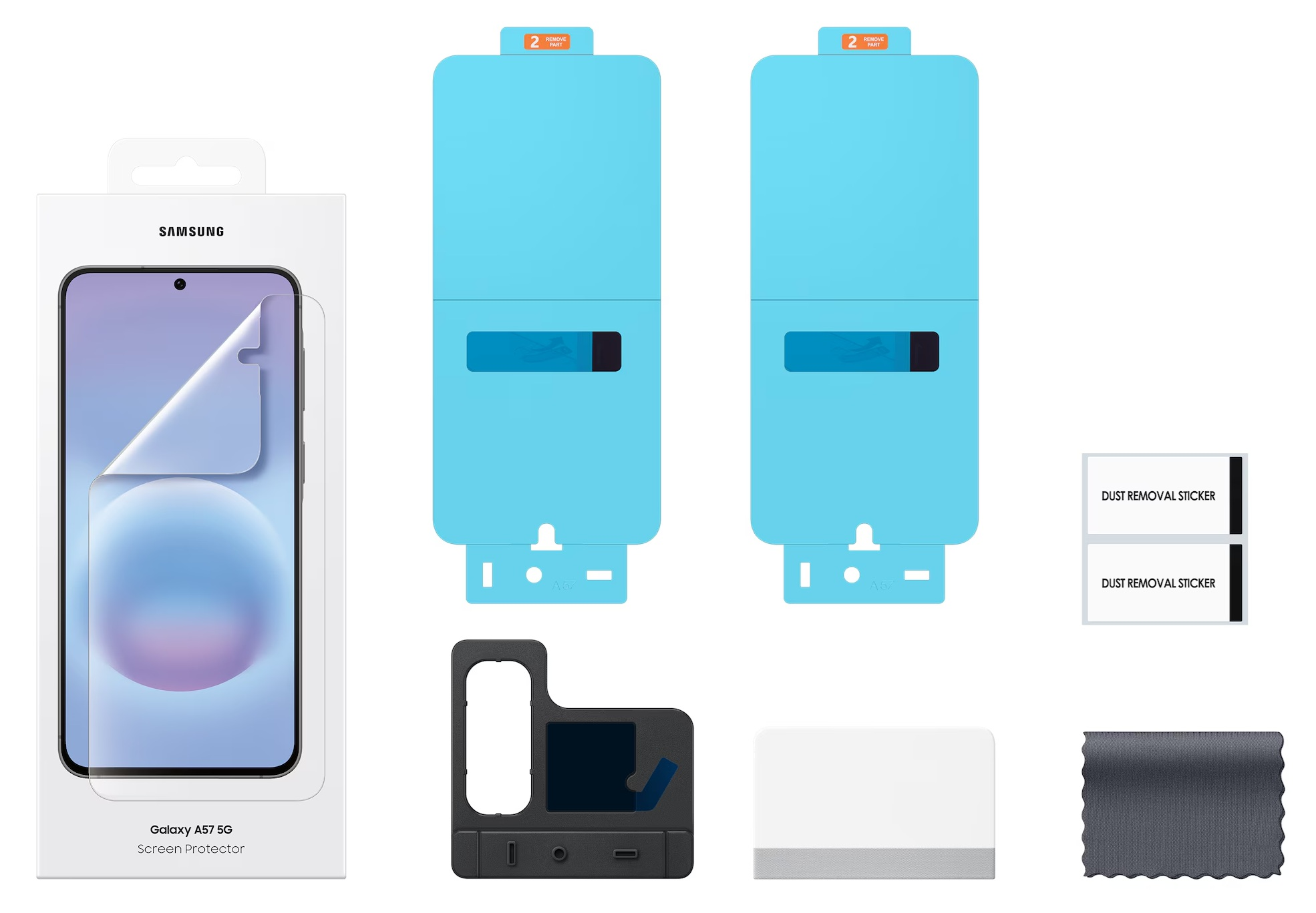 Zestaw folii ochronnej na ekran Samsung Galaxy A57 5G z akcesoriami.