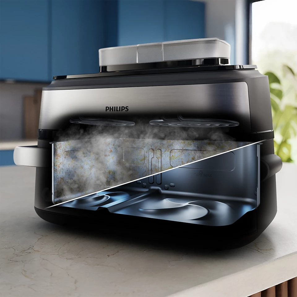 Philips légkeveréses fritő gőzzel és tiszta belsővel. Főzési funkciót mutat.