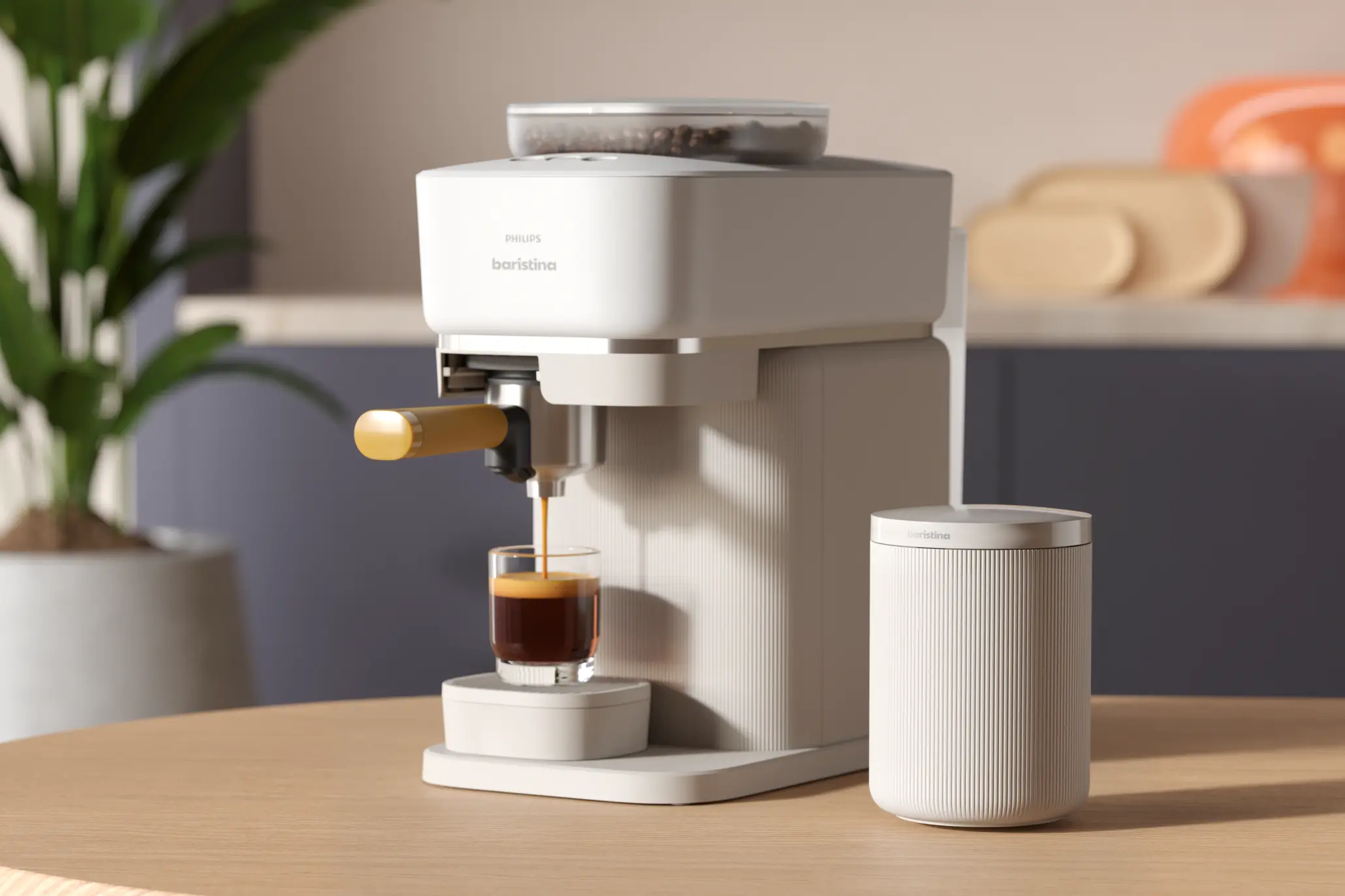 Fehér Philips Barista eszpresszógép kávét főz egy pohárba. Mellette egy tartály áll.