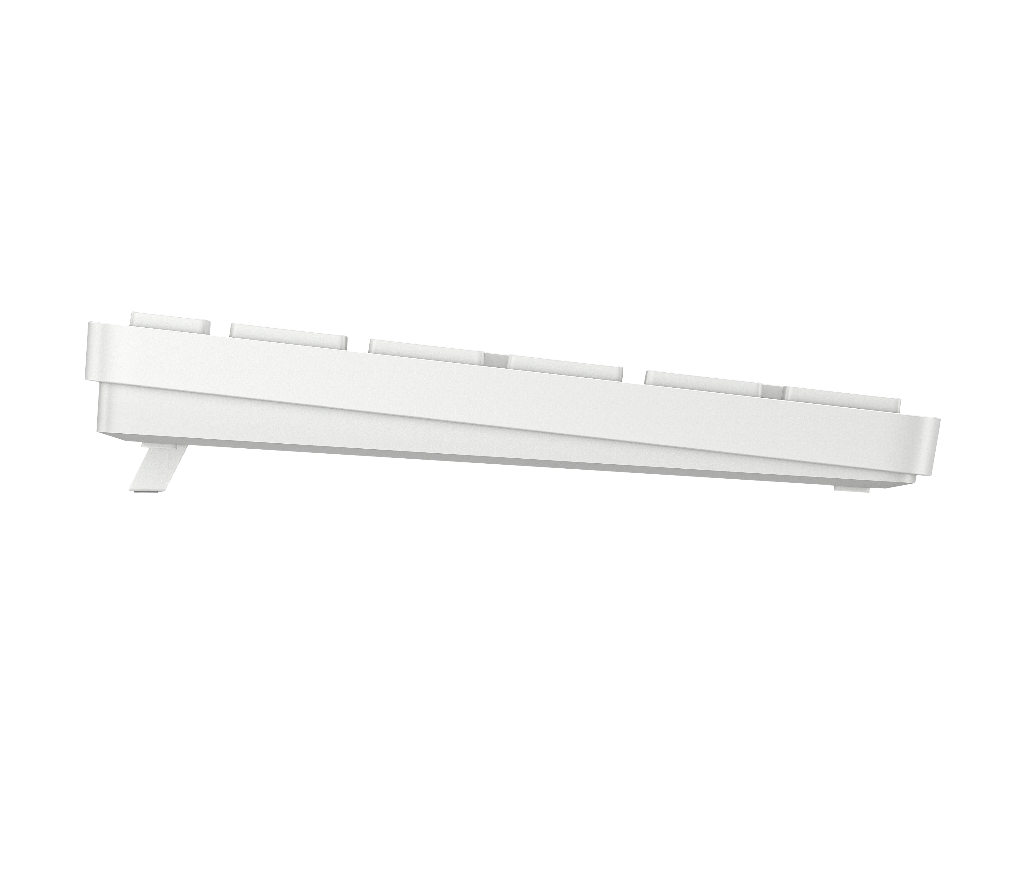 Weiße Tastatur von der Seite gesehen mit ausklappbarem Ständer.