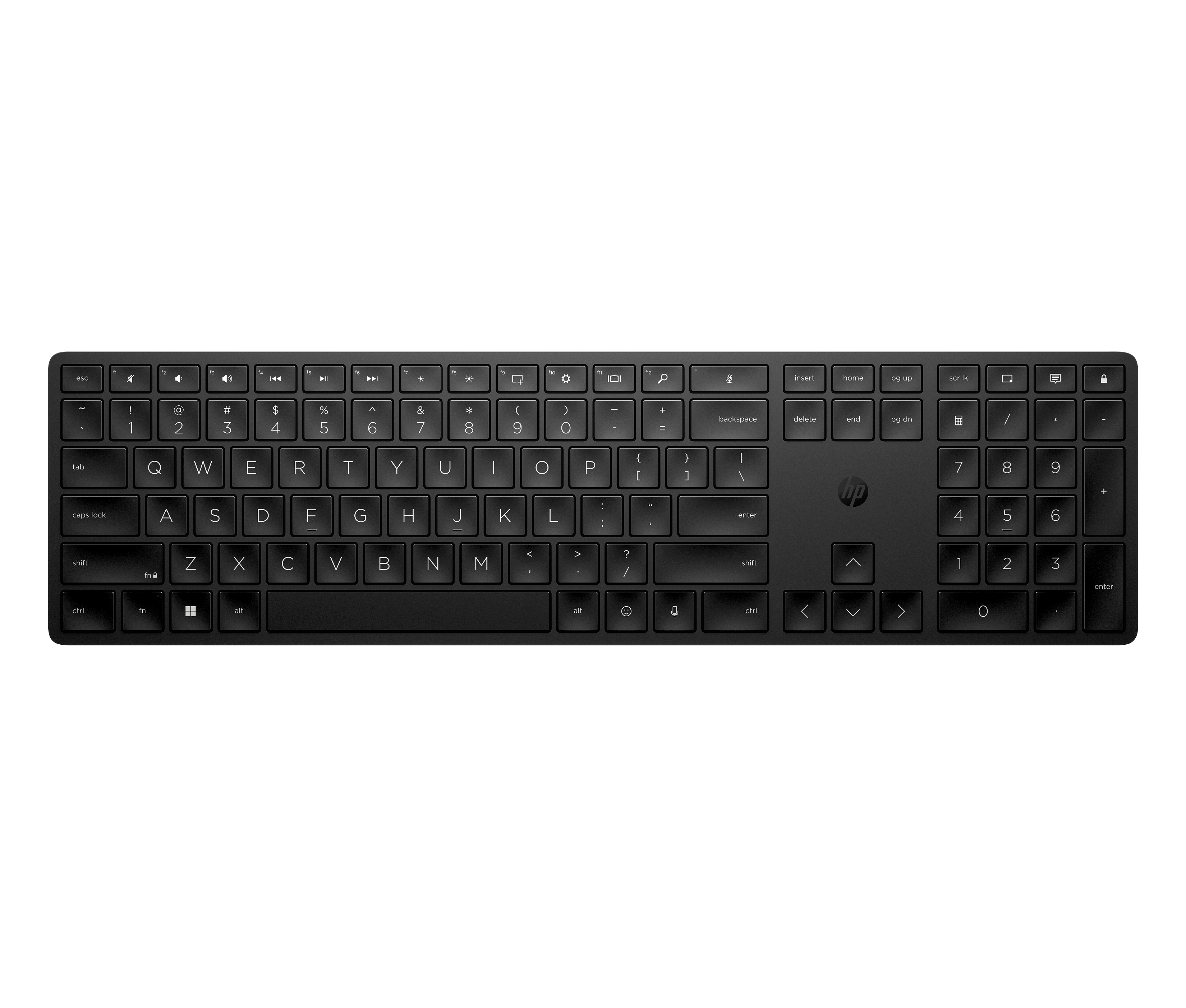Eine schwarze HP-Tastatur mit Nummernblock auf schwarzem Hintergrund.