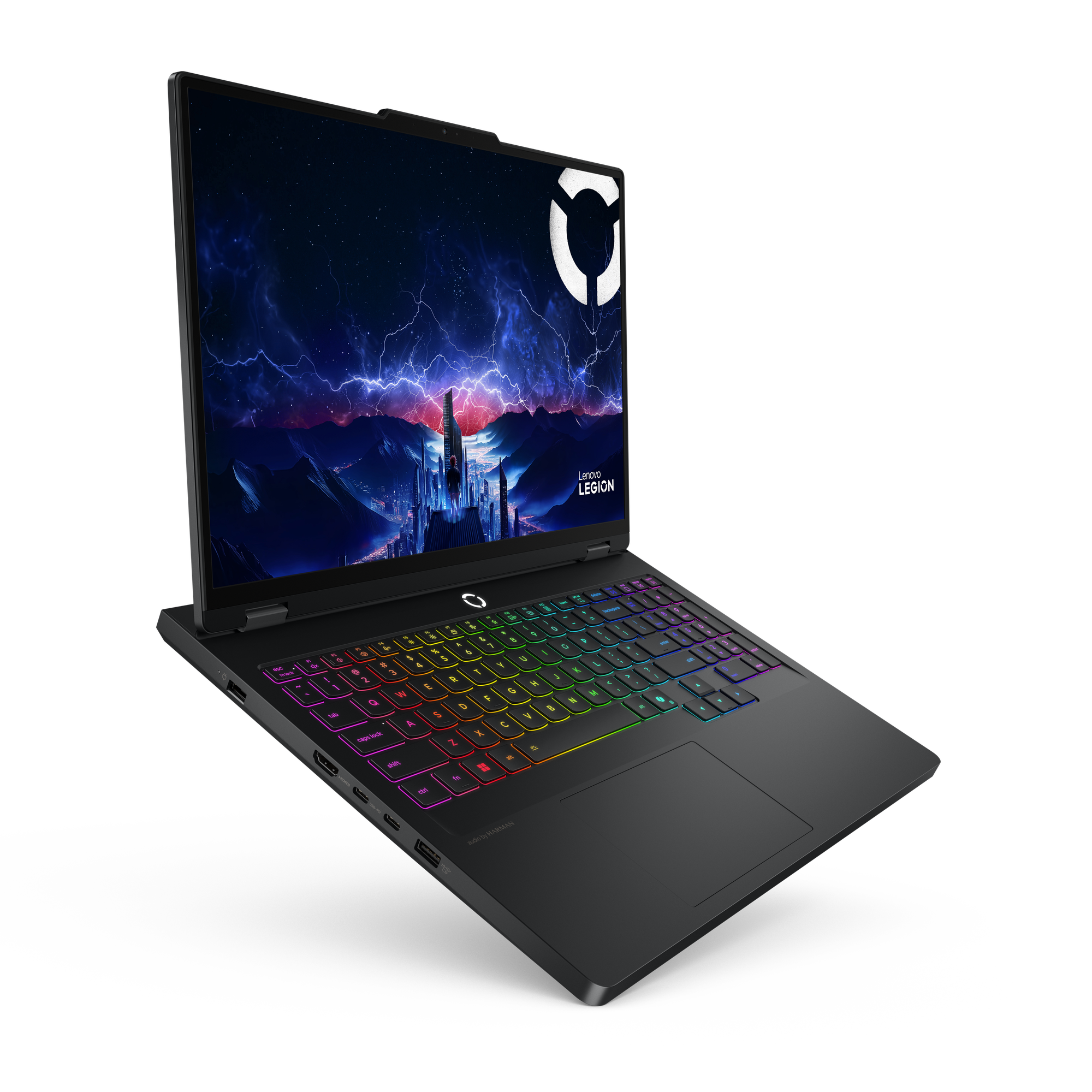 Ein schwarzer Laptop mit beleuchteter Tastatur und einem dramatischen Hintergrundbild.