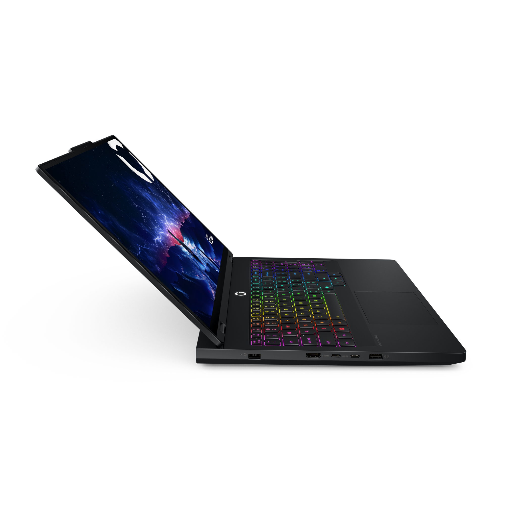 Schwarzer Laptop mit beleuchteter Tastatur und kosmischem Hintergrundbild.
