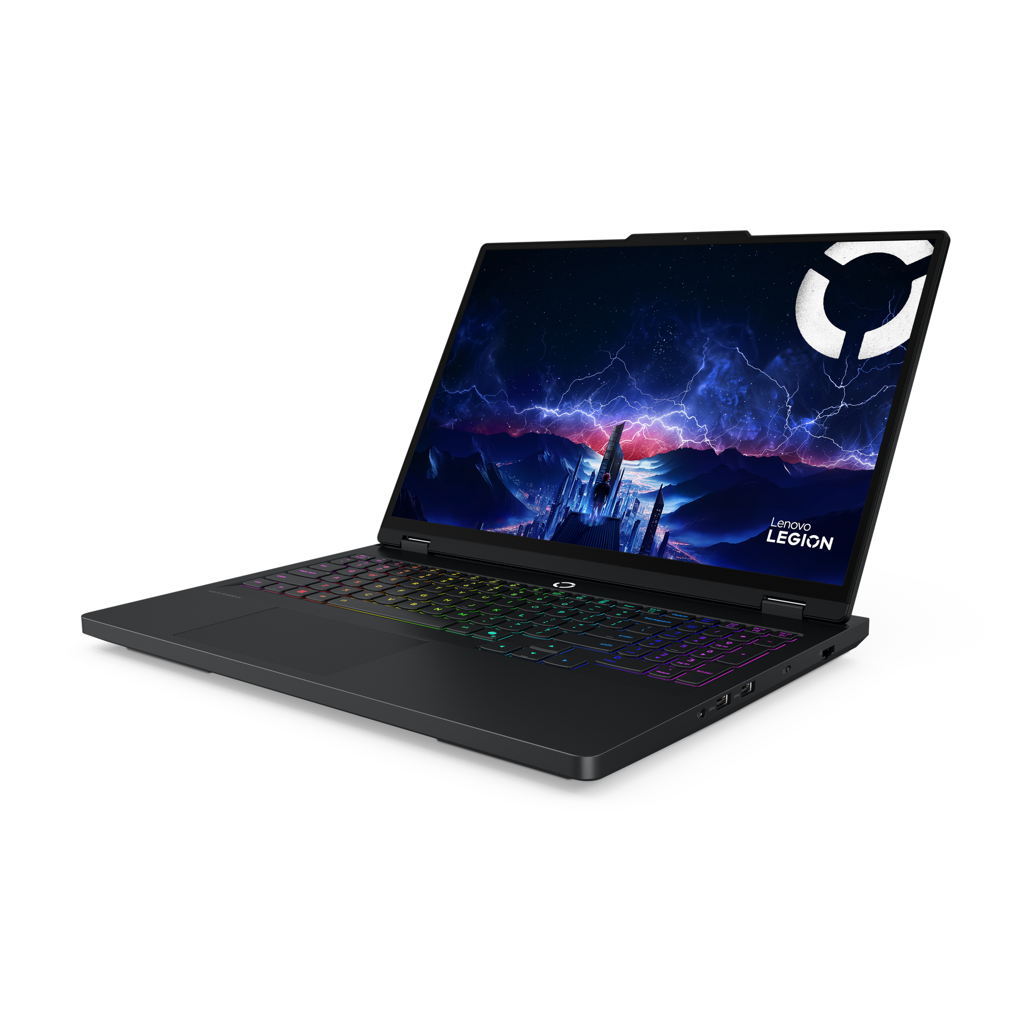 Ein schwarzer Laptop mit beleuchteter Tastatur und einem futuristischen Hintergrundbild.