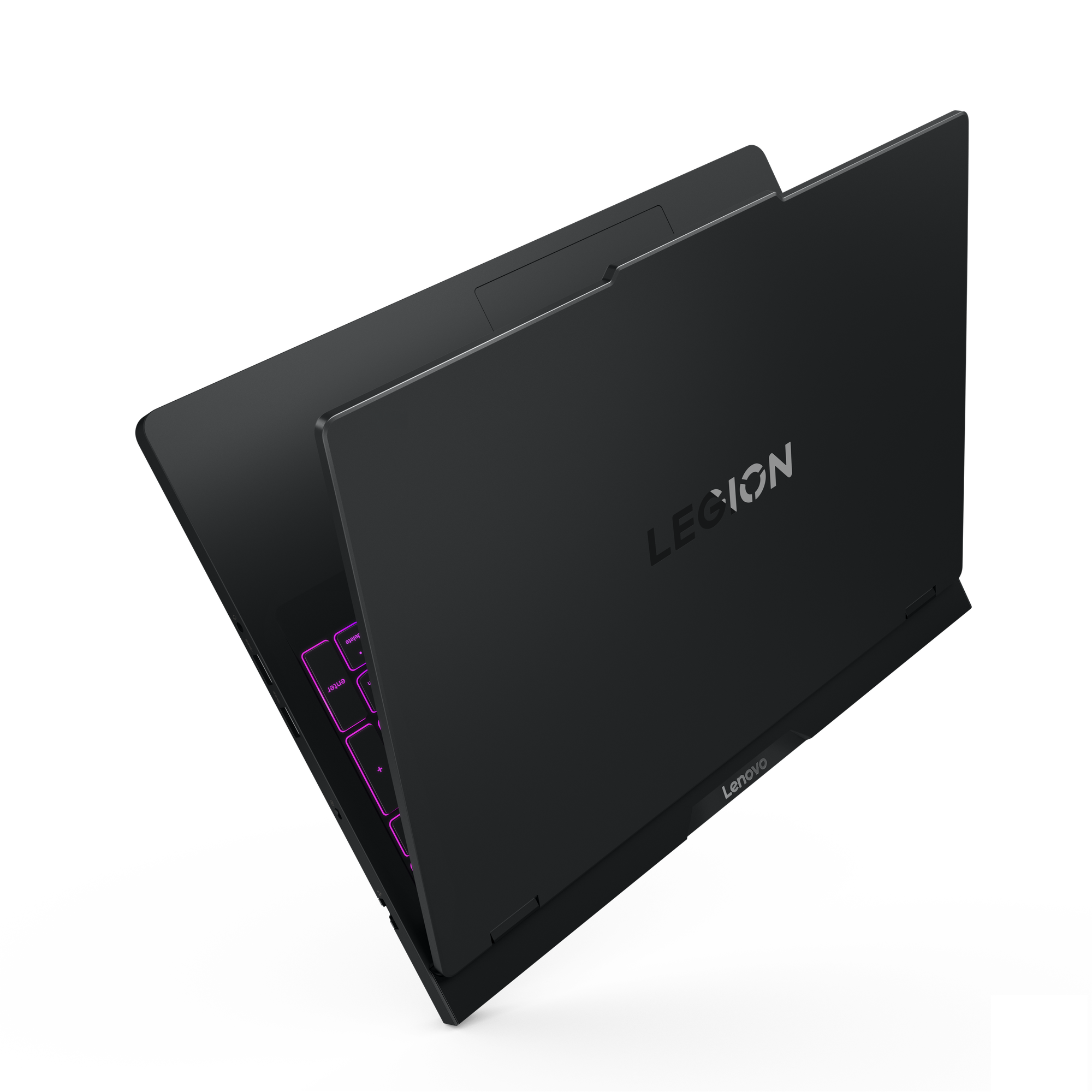 Schwarzer Laptop mit beleuchteter Tastatur und Legion-Logo.