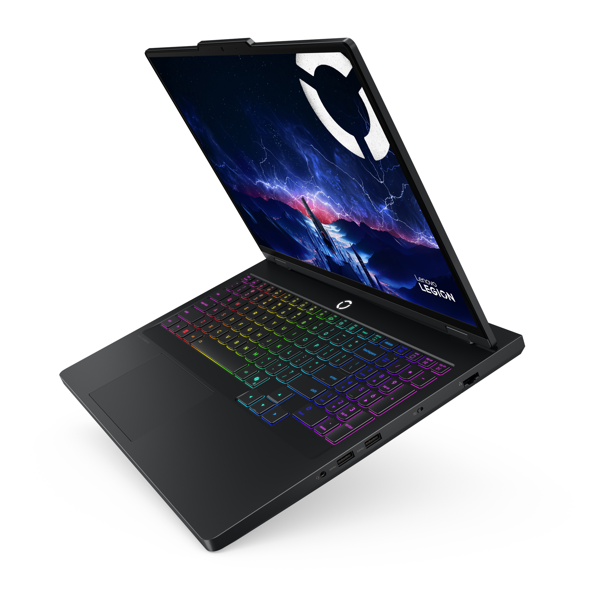 Ein schwarzer Laptop mit beleuchteter Tastatur und einem dramatischen Hintergrundbild.