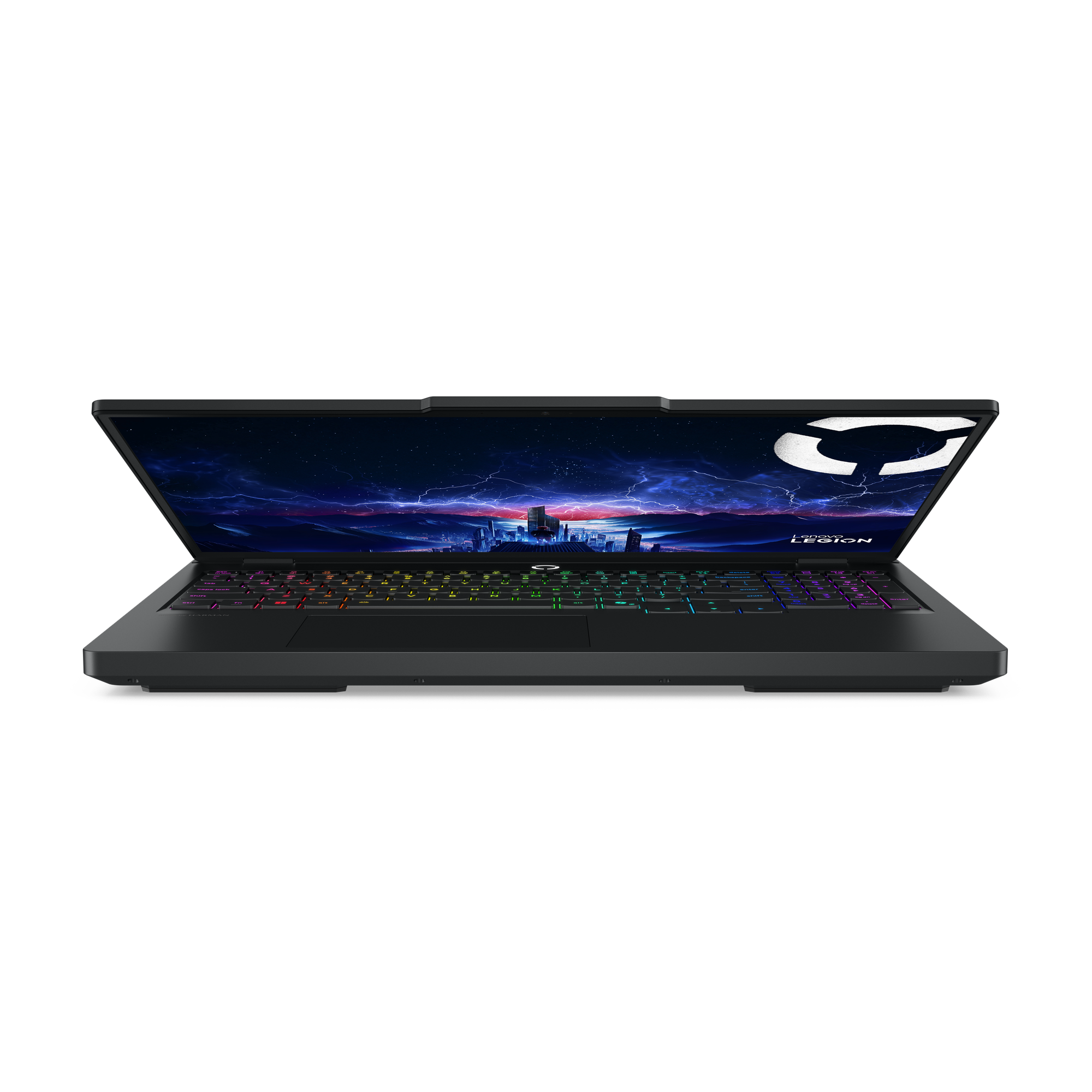 Ein geöffneter schwarzer Laptop mit beleuchteter Tastatur und einem futuristischen Stadthintergrund.