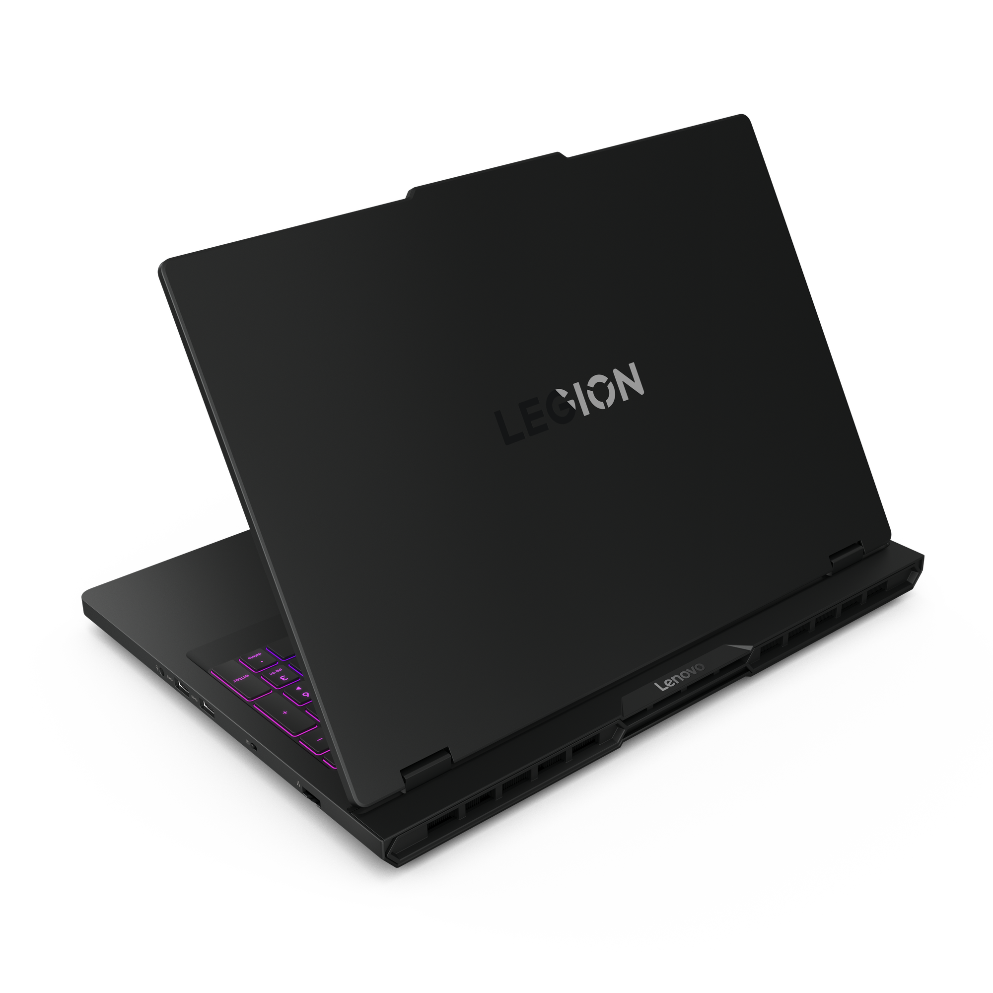 Schwarzer Laptop mit beleuchteter Tastatur und Legion-Logo.