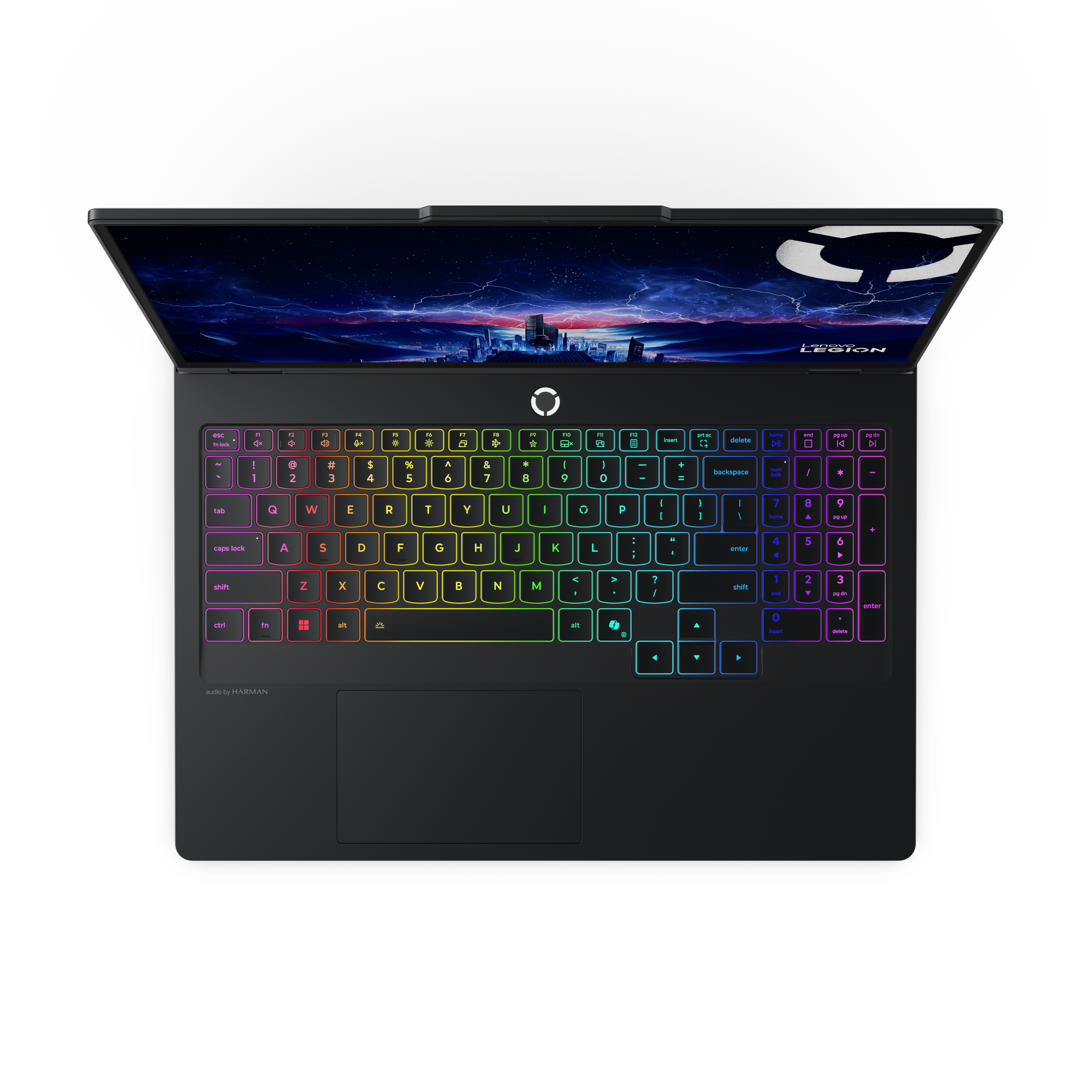 Ein Laptop mit beleuchteter Tastatur und einem futuristischen Hintergrundbild.