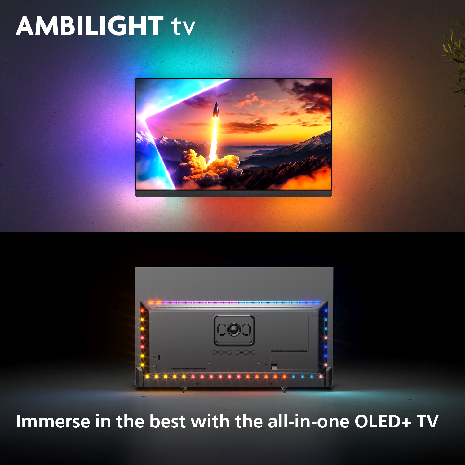 Telewizor OLED+ z Ambilight, widok przodu i tyłu z rakietą startującą na ekranie.