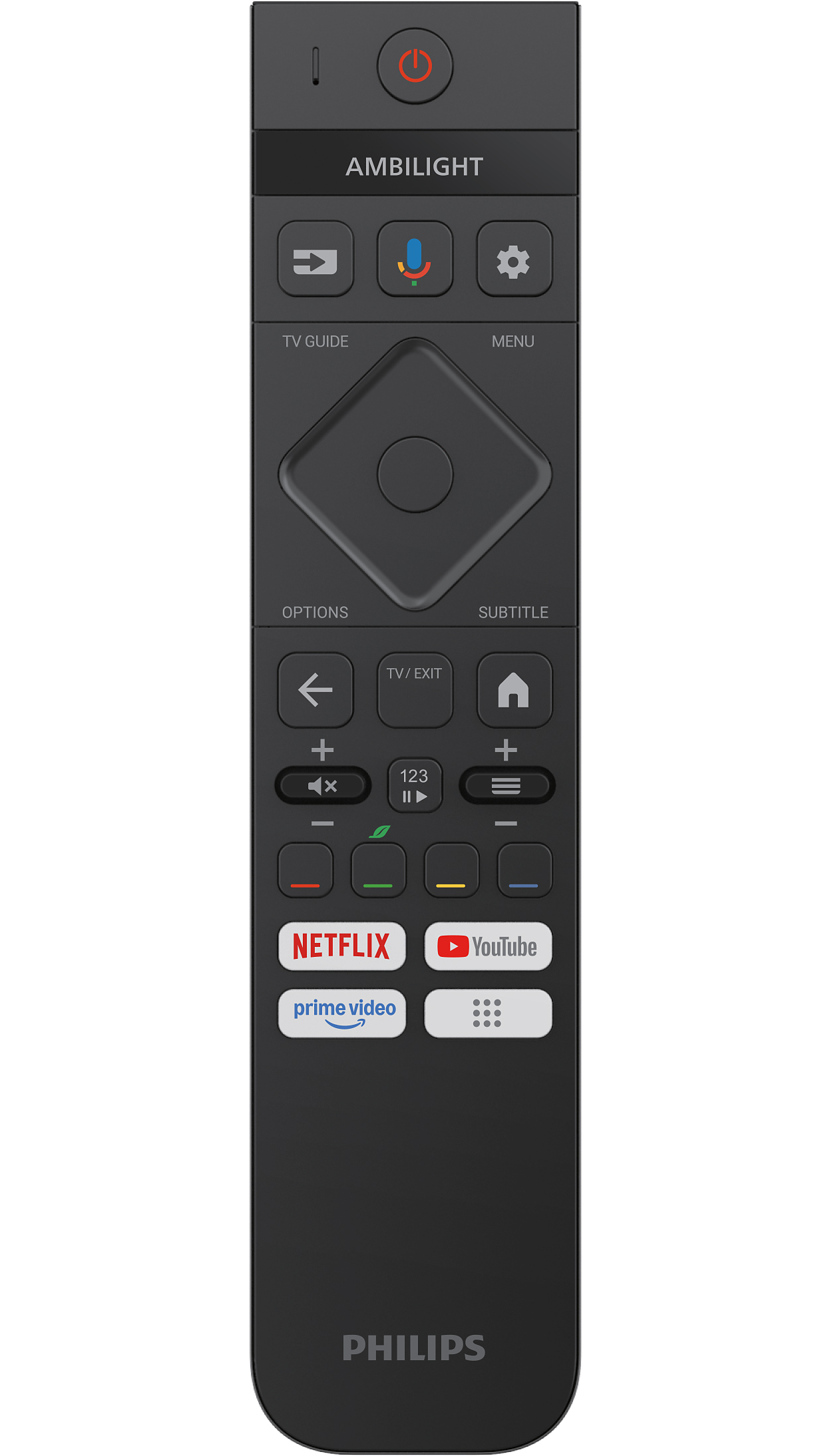 Czarny pilot Philips z Ambilight, przyciskami Netflix i YouTube.