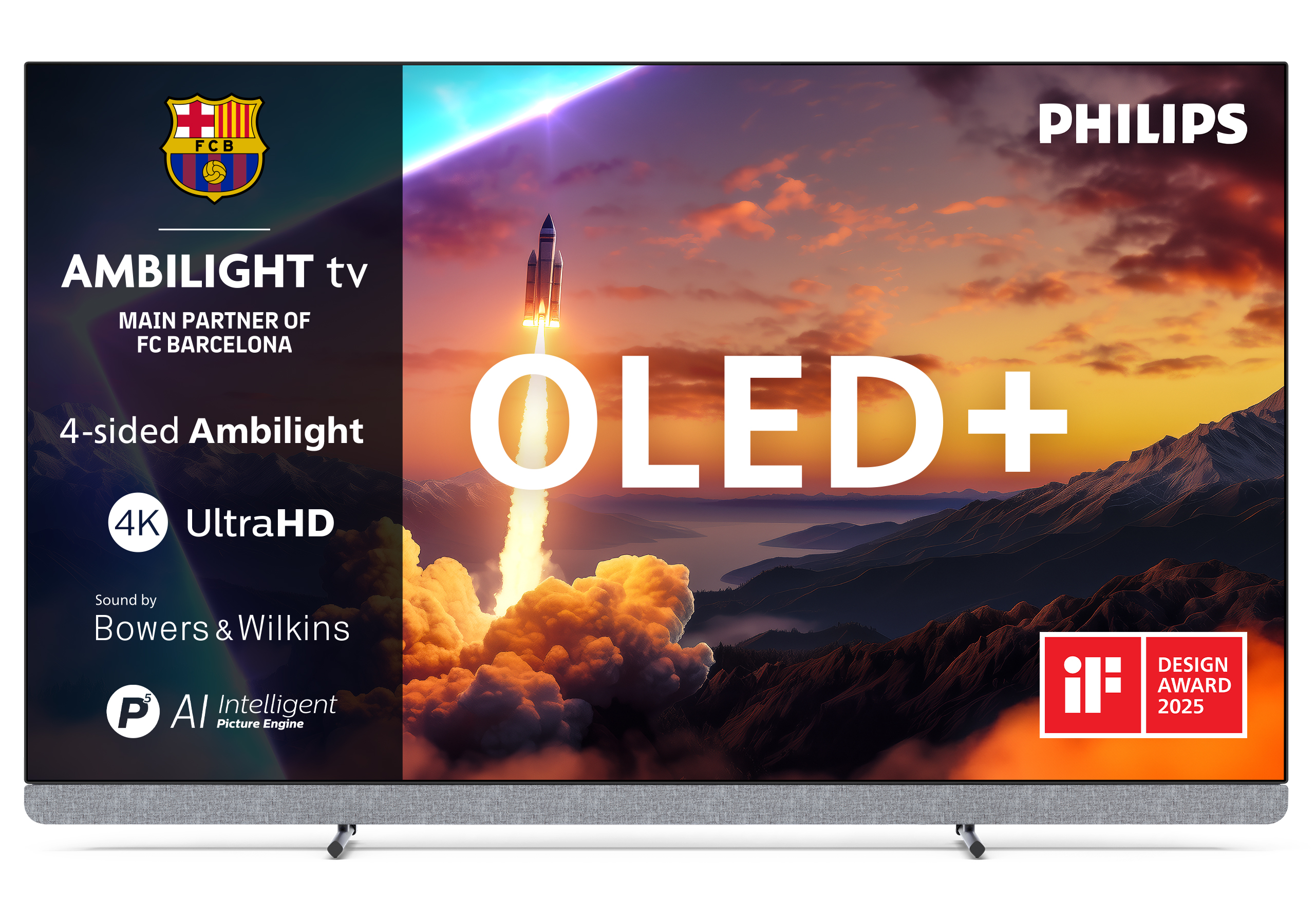 Telewizor Philips OLED+ z logo FC Barcelona i startującą rakietą.