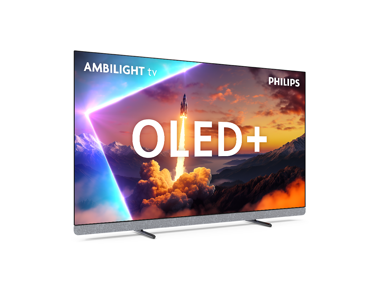 Telewizor Philips OLED+ Ambilight prezentuje start rakiety na tle gór.