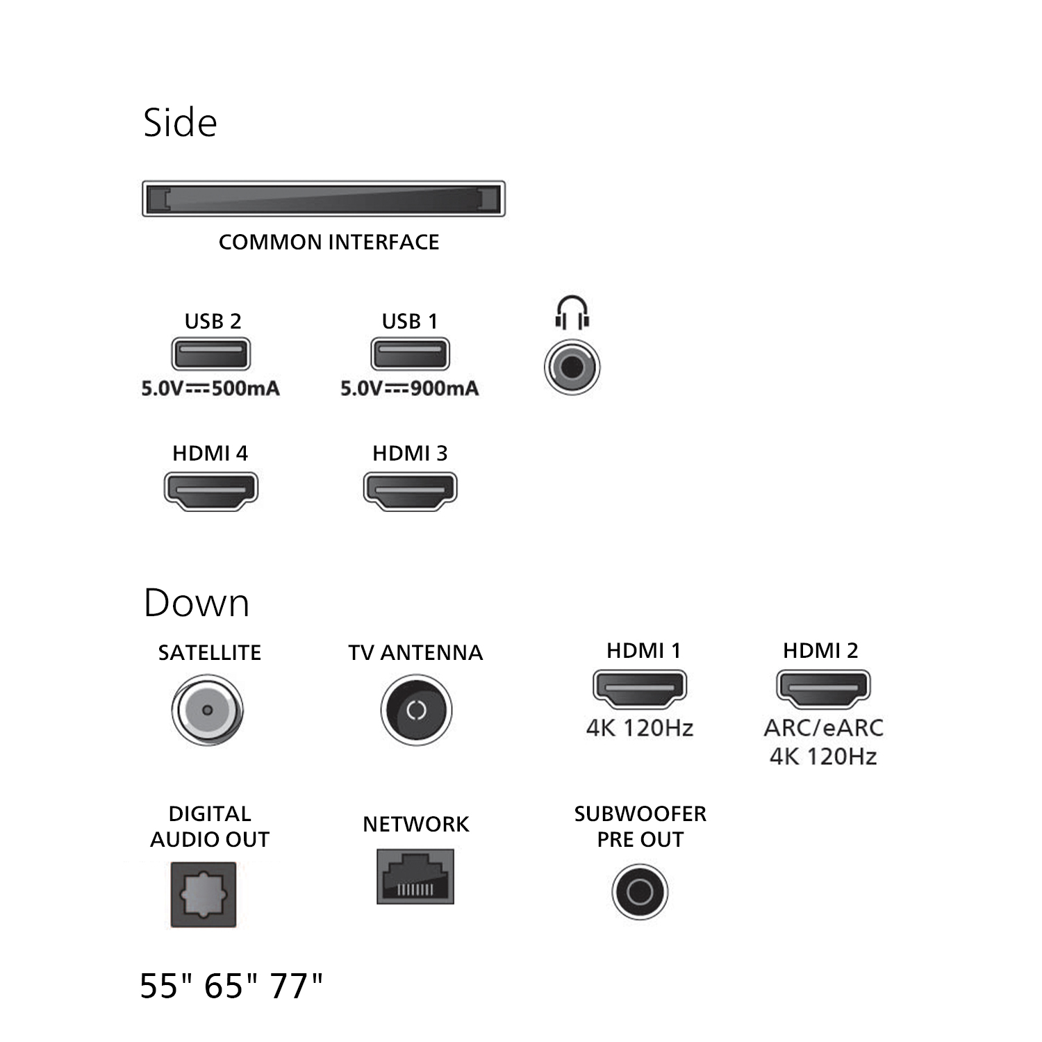 Porty: Interfejs wspólny, USB, HDMI, Satelita, Antena, Sieć, Wyjście audio.