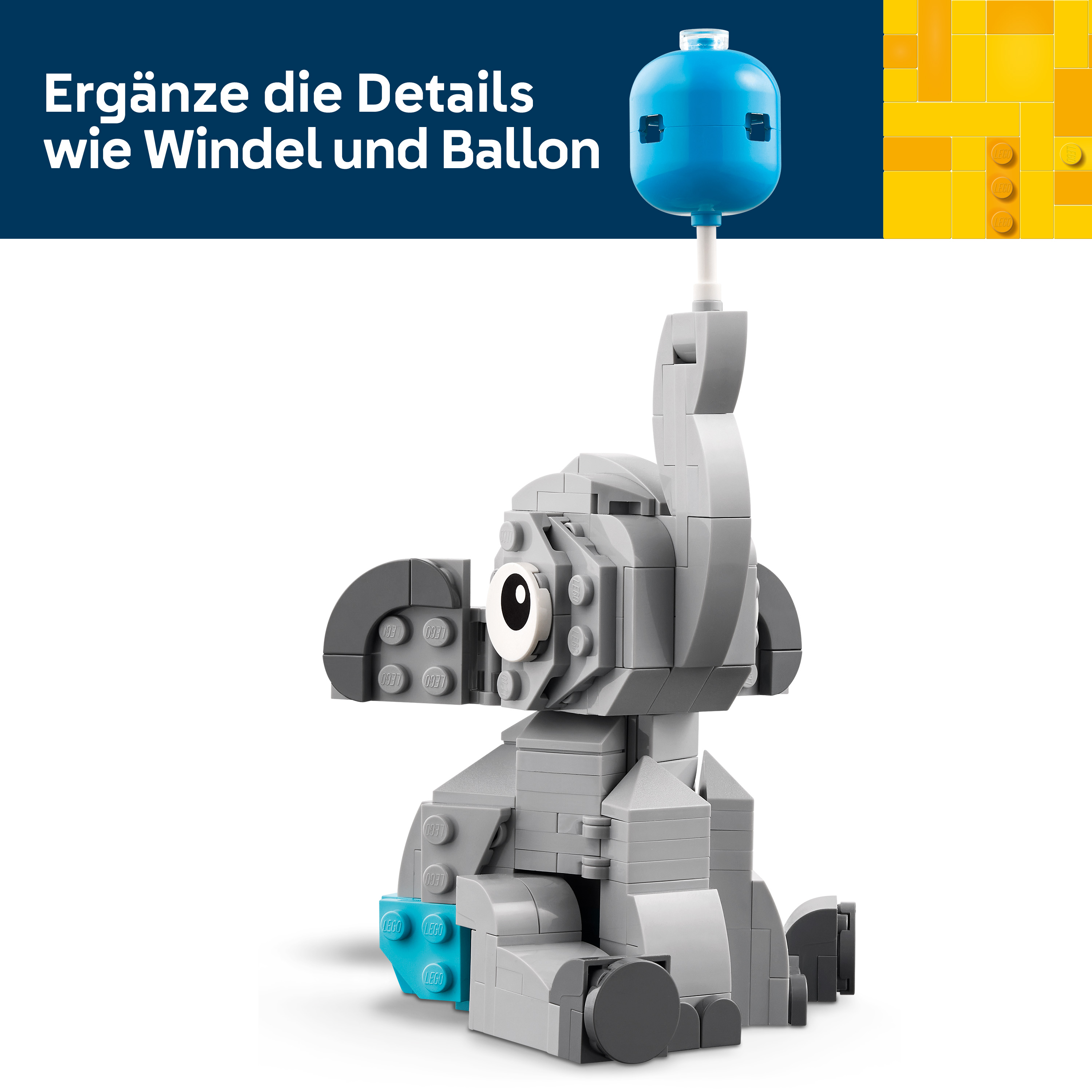 Grauer Lego-Elefant mit blauem Ballon auf dem Kopf und blauer Windel.