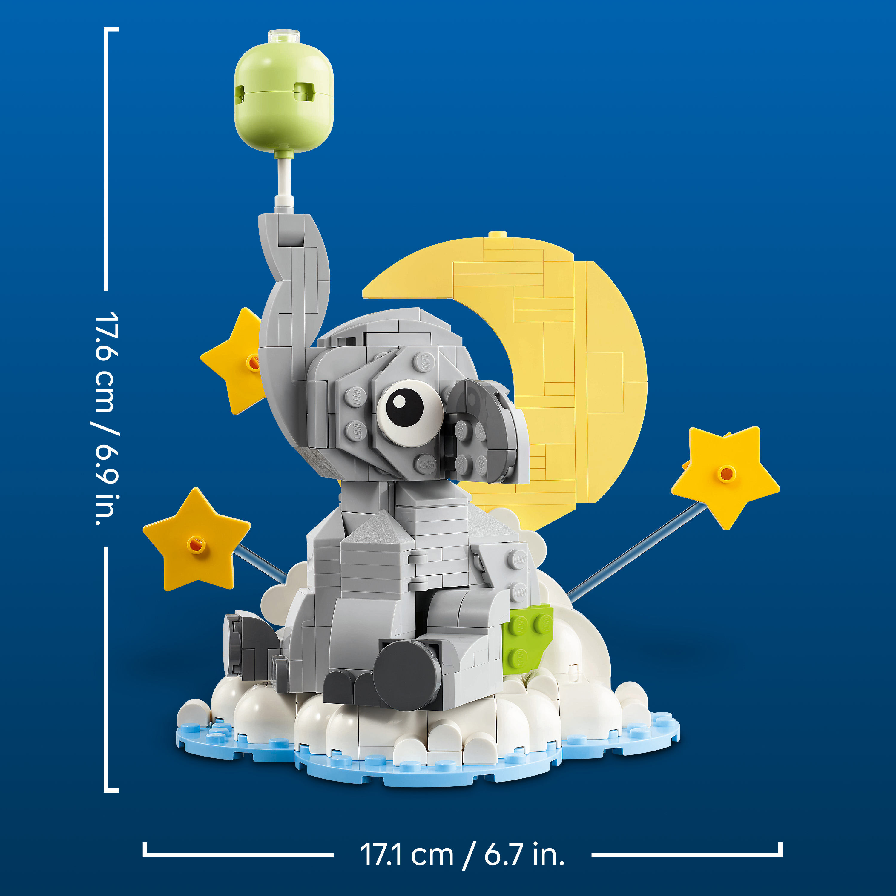 Ein Lego-Koala sitzt auf Wolken unter dem Mond und Sternen.