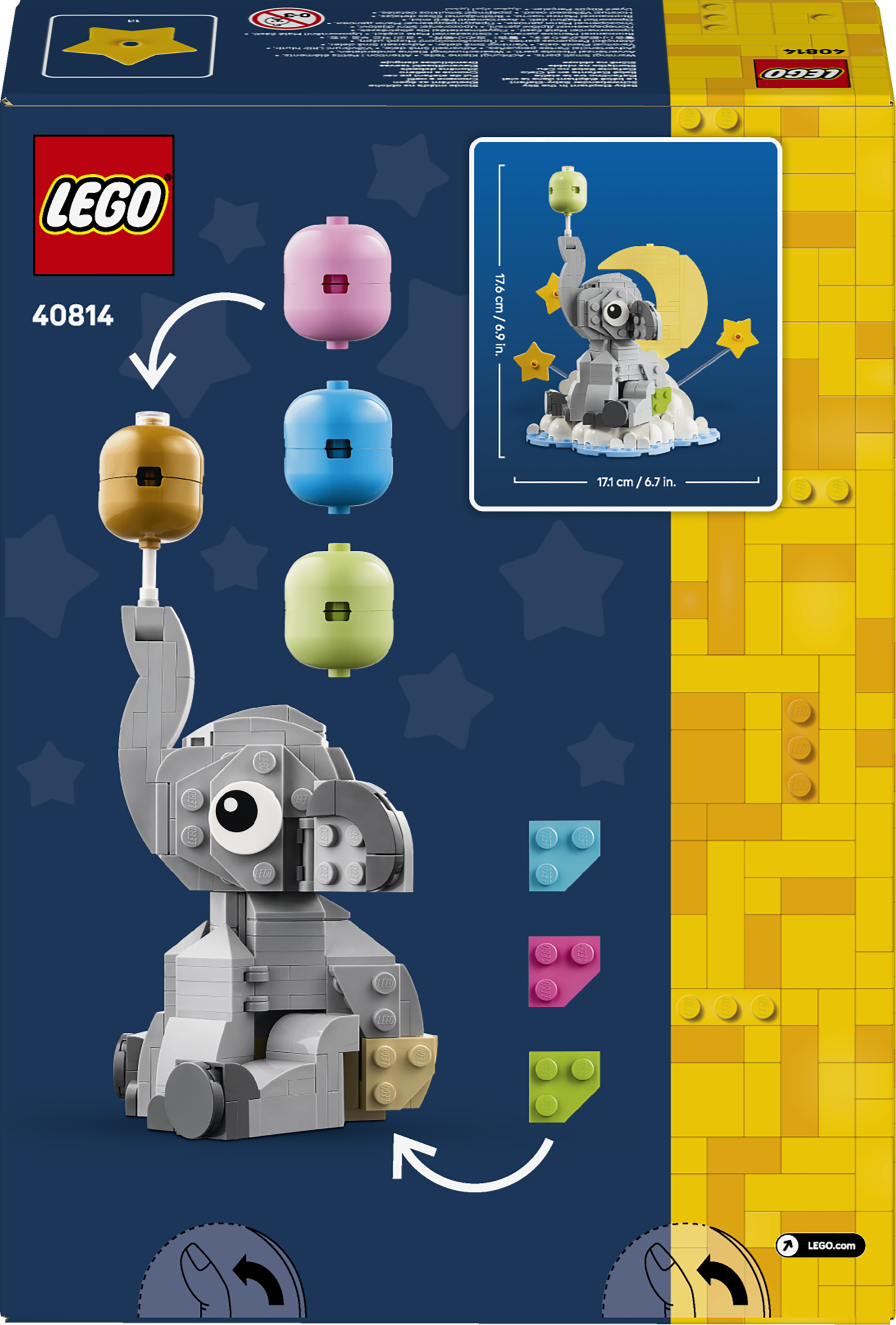 Grauer Lego-Elefant mit gelbem Mond, Sternen und Ball. Bunte Bausteine.