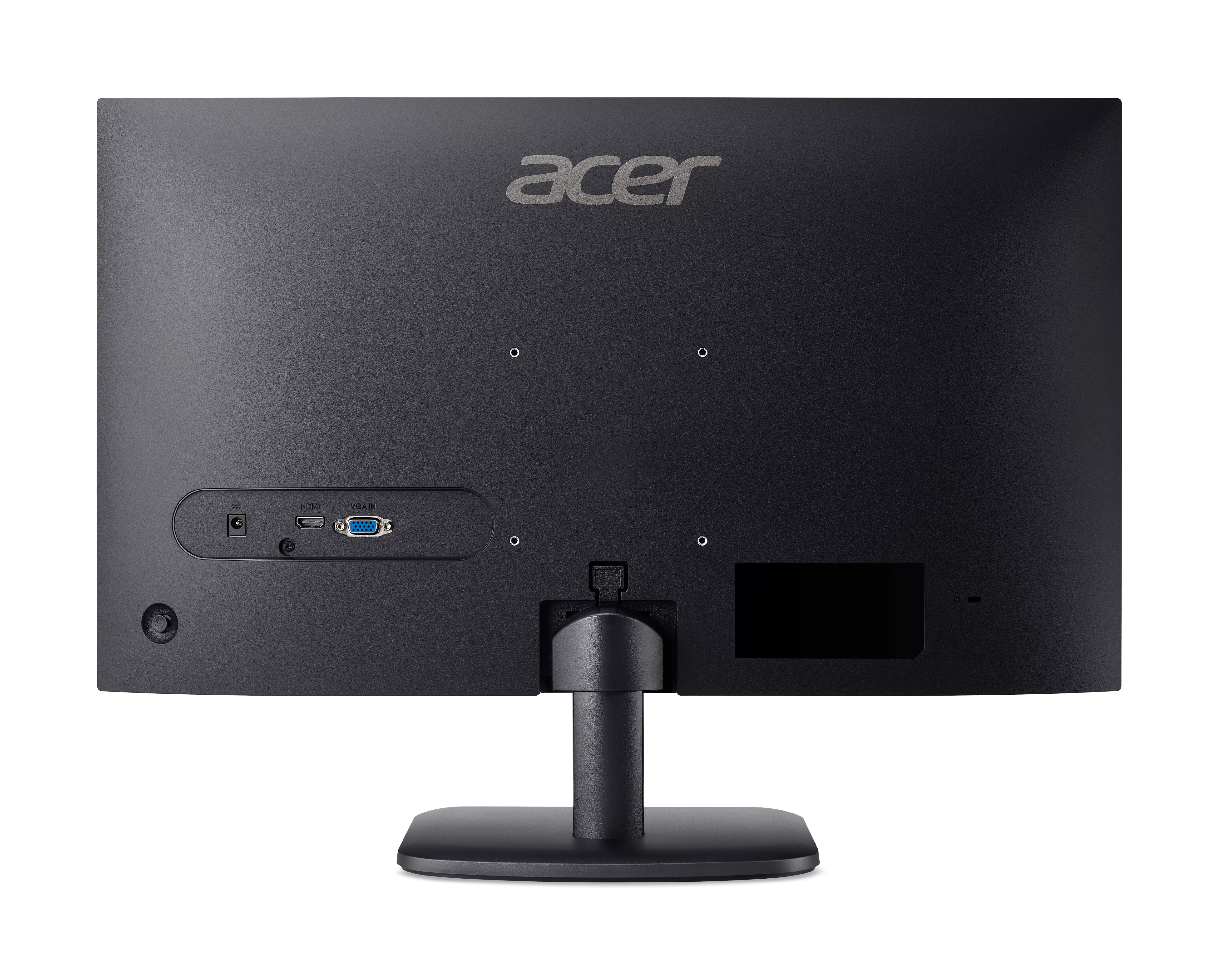 Rückseite eines schwarzen Acer Monitors mit Anschlüssen und Standfuß.