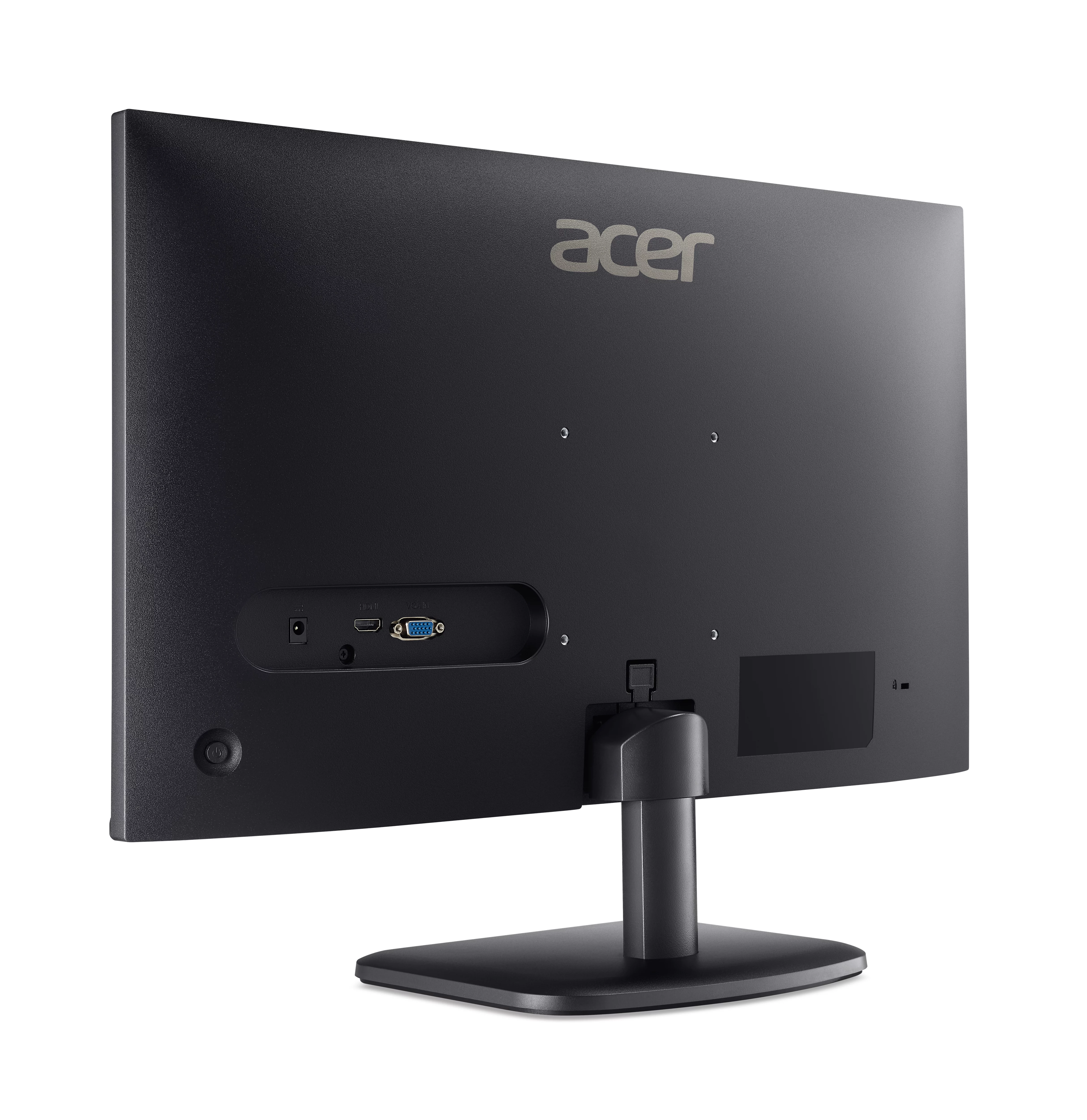 Die Rückseite eines schwarzen Acer Monitors mit Anschlüssen und Ständer.