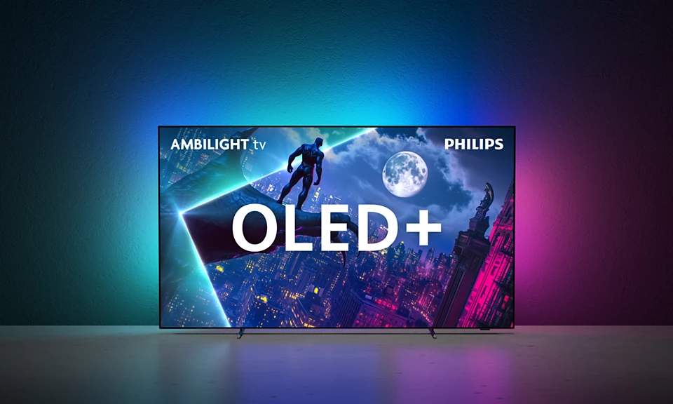 Ein Philips OLED+ Fernseher mit Ambilight-Technologie, der eine Stadtlandschaft mit einem Mann zeigt.