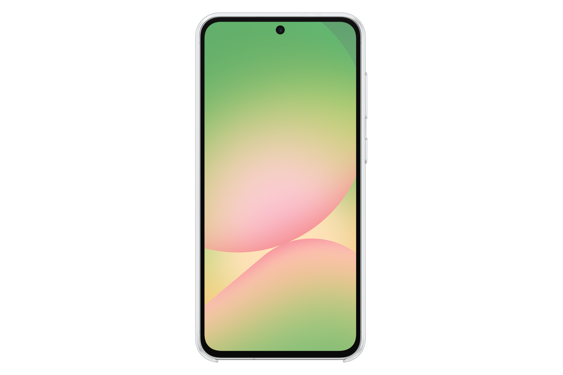 Smartfon wyświetlający tapetę z gradientem zielonym i różowym.