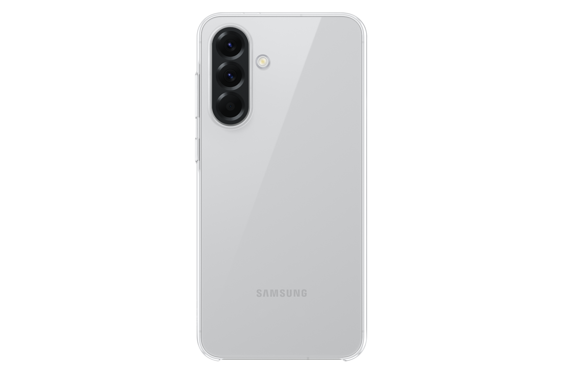 Tył białego smartfona Samsung z trzema aparatami i logo Samsung.