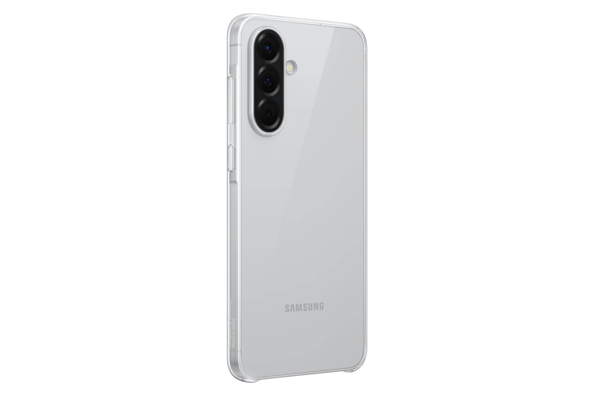 Przezroczyste etui na telefon z widocznymi aparatami i logo Samsung.
