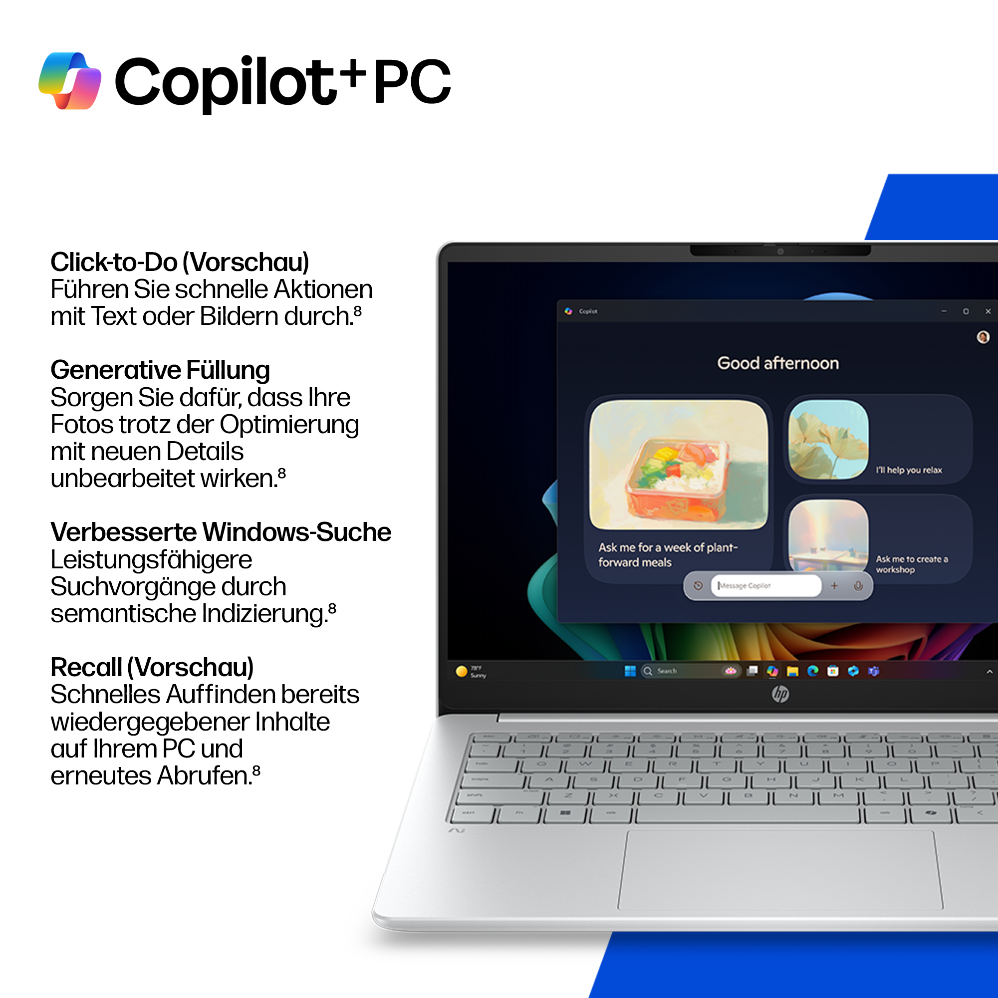 Laptop zeigt Copilot+PC-Oberfläche mit Funktionen wie Click-to-Do, Generative Füllung und Recall.