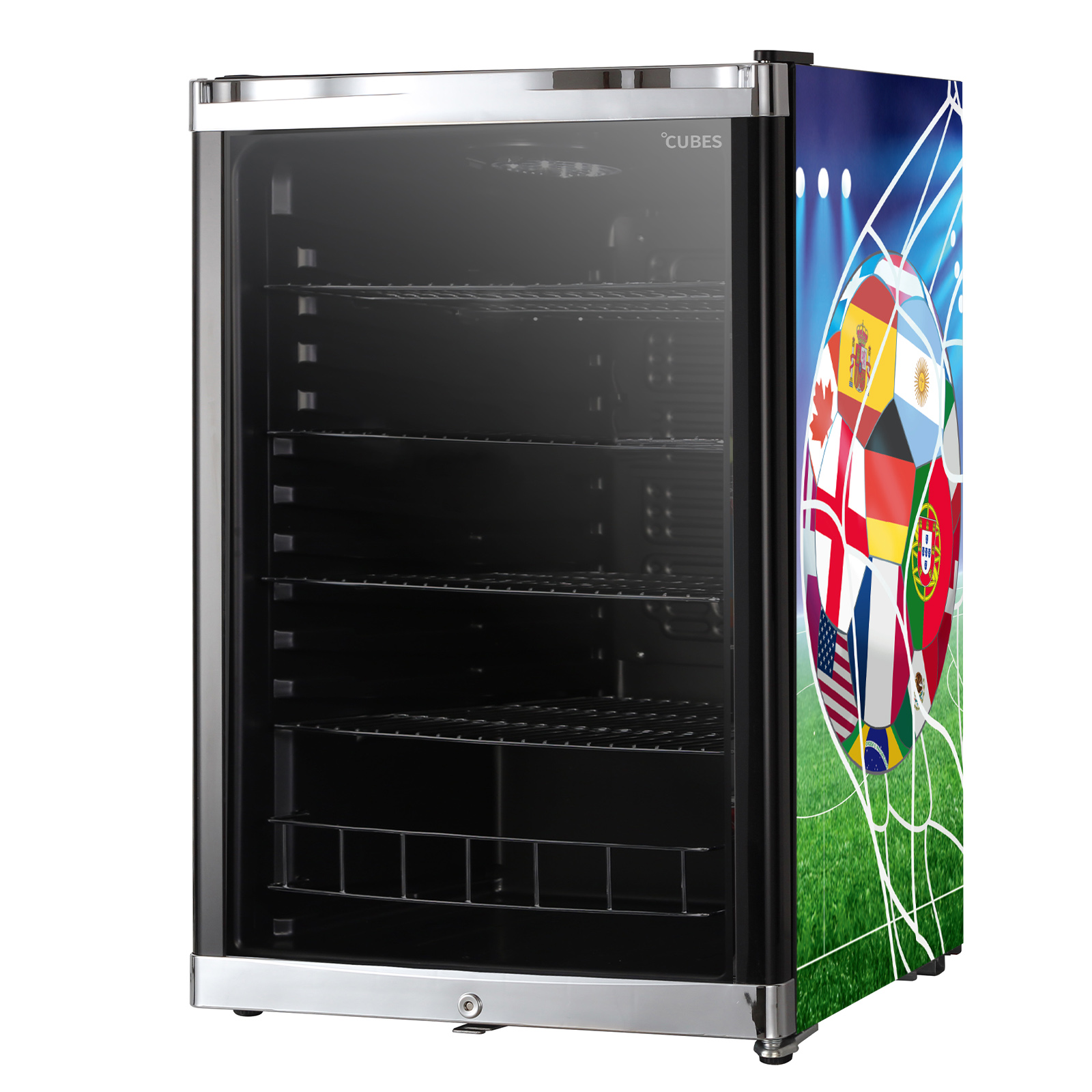 Ein schwarzer Kühlschrank mit Glastür und Fußball-Flaggen-Design.