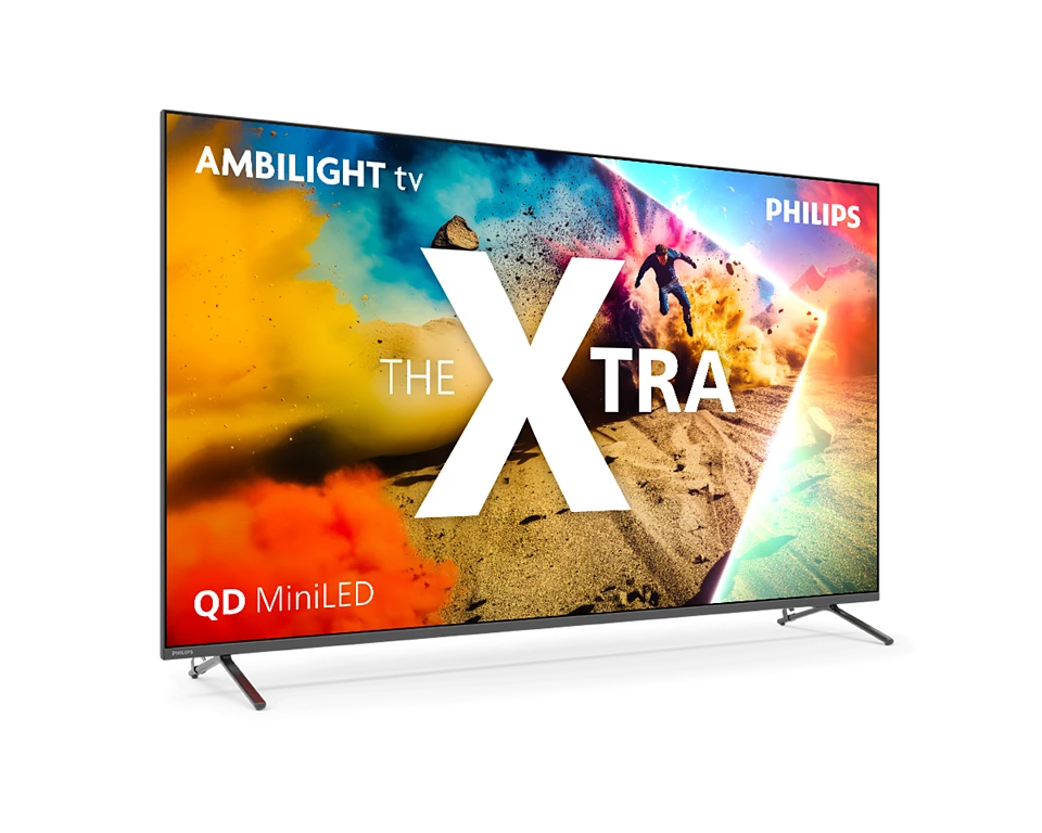 Ein Philips Ambilight QD MiniLED Fernseher mit "The XTRA" Branding.