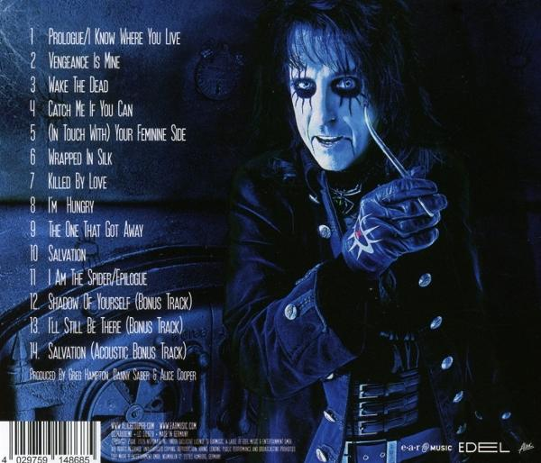 Alice Cooper mit makaberem Make-up, Liste der Liedtitel, links.