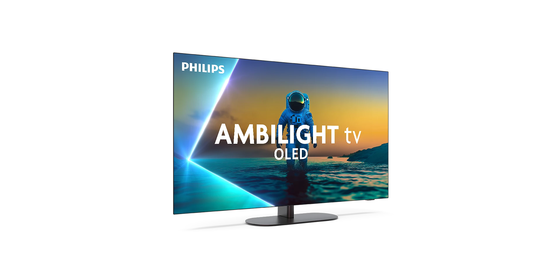 Ein Astronaut steht im Wasser vor einem Philips Ambilight OLED TV-Bildschirm.