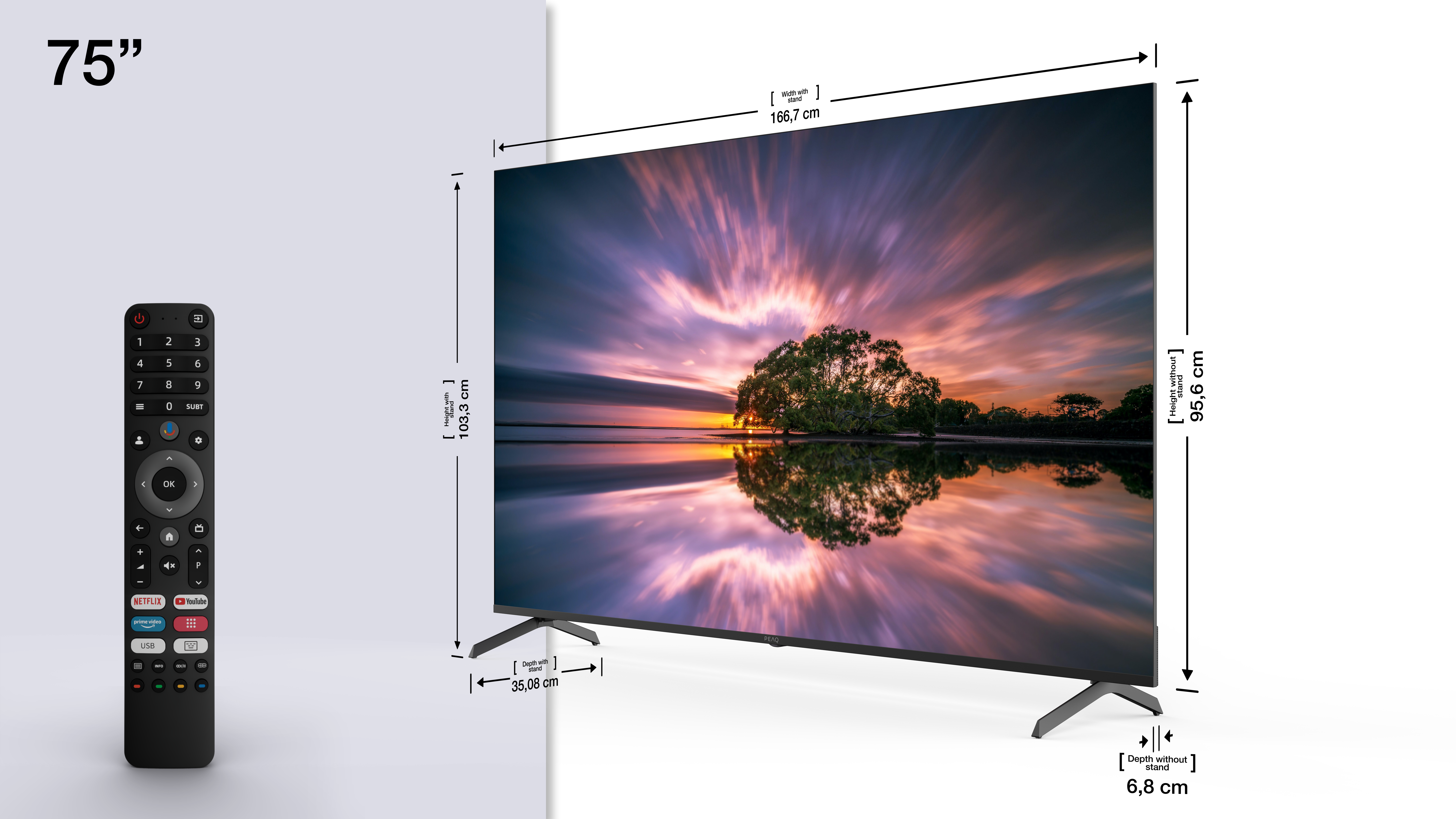 Ein 75-Zoll-Fernseher mit einem dramatischen Himmel und einem Baum am Wasser. Fernbedienung daneben.