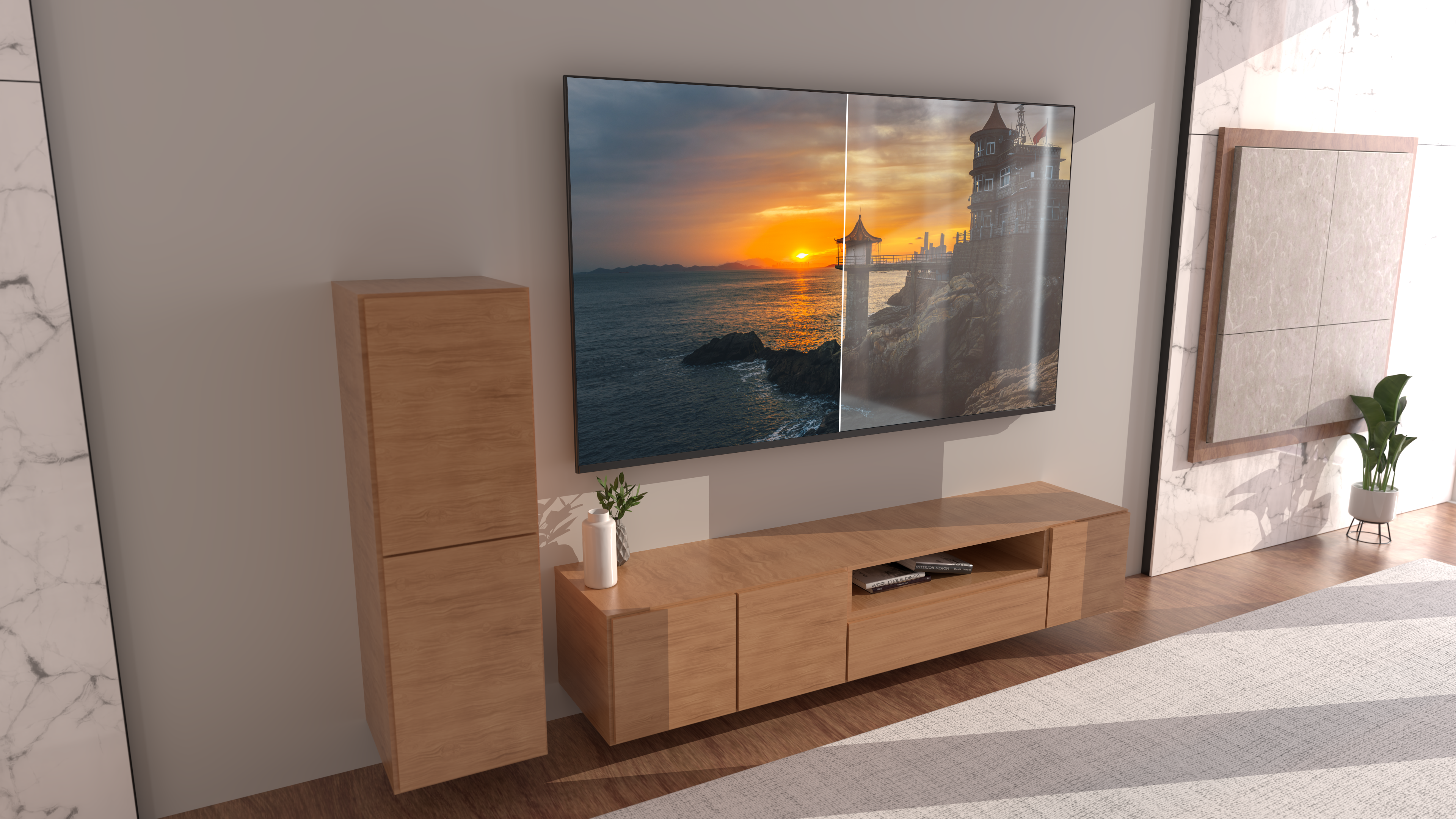 Ein Wohnzimmer mit einem Holzschrank, einem TV, der einen Sonnenuntergang und eine Burg zeigt.