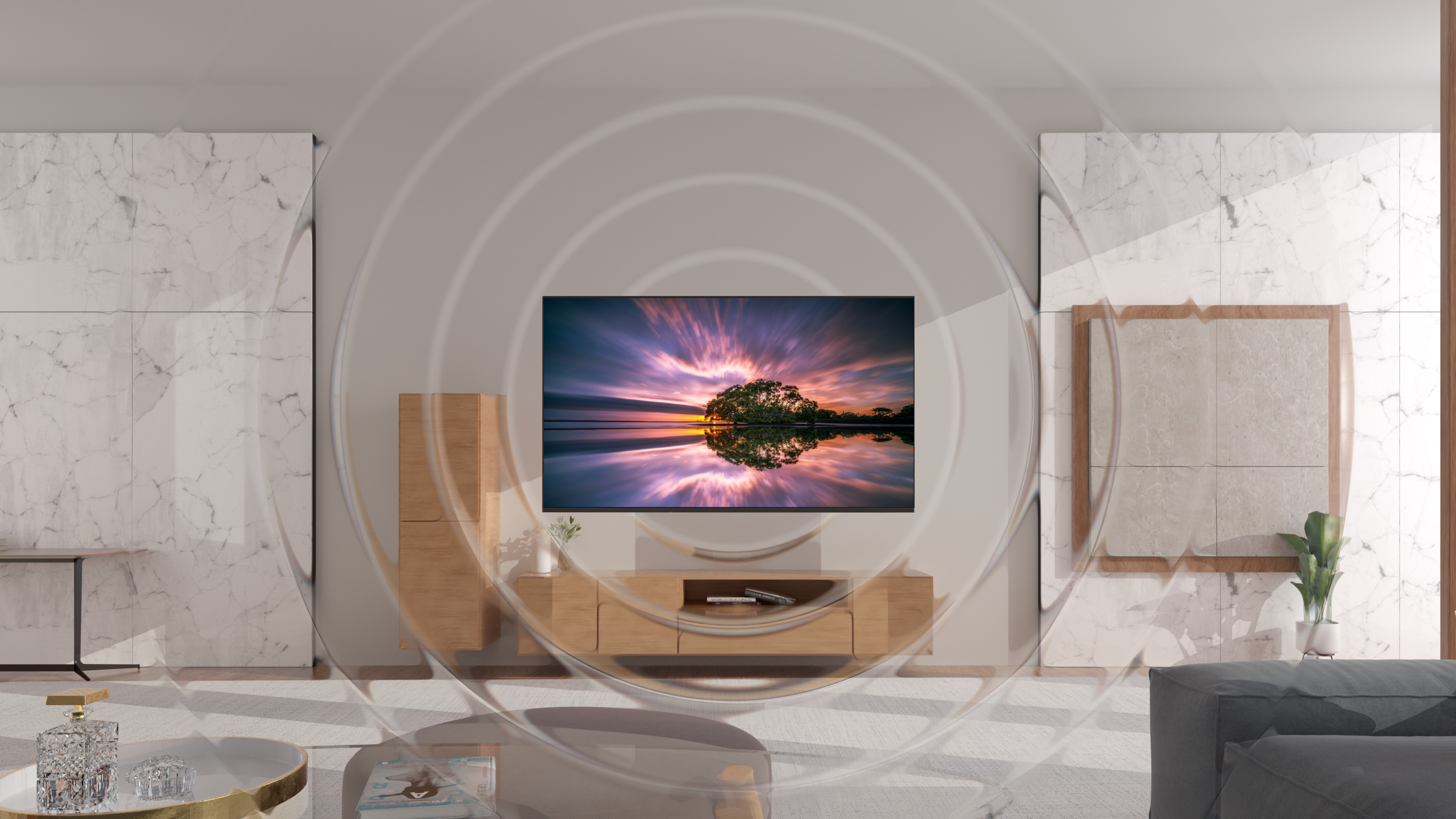 Ein Wohnzimmer mit Marmorwänden, Holzmöbeln und einem Fernseher mit Sonnenuntergangsbild.