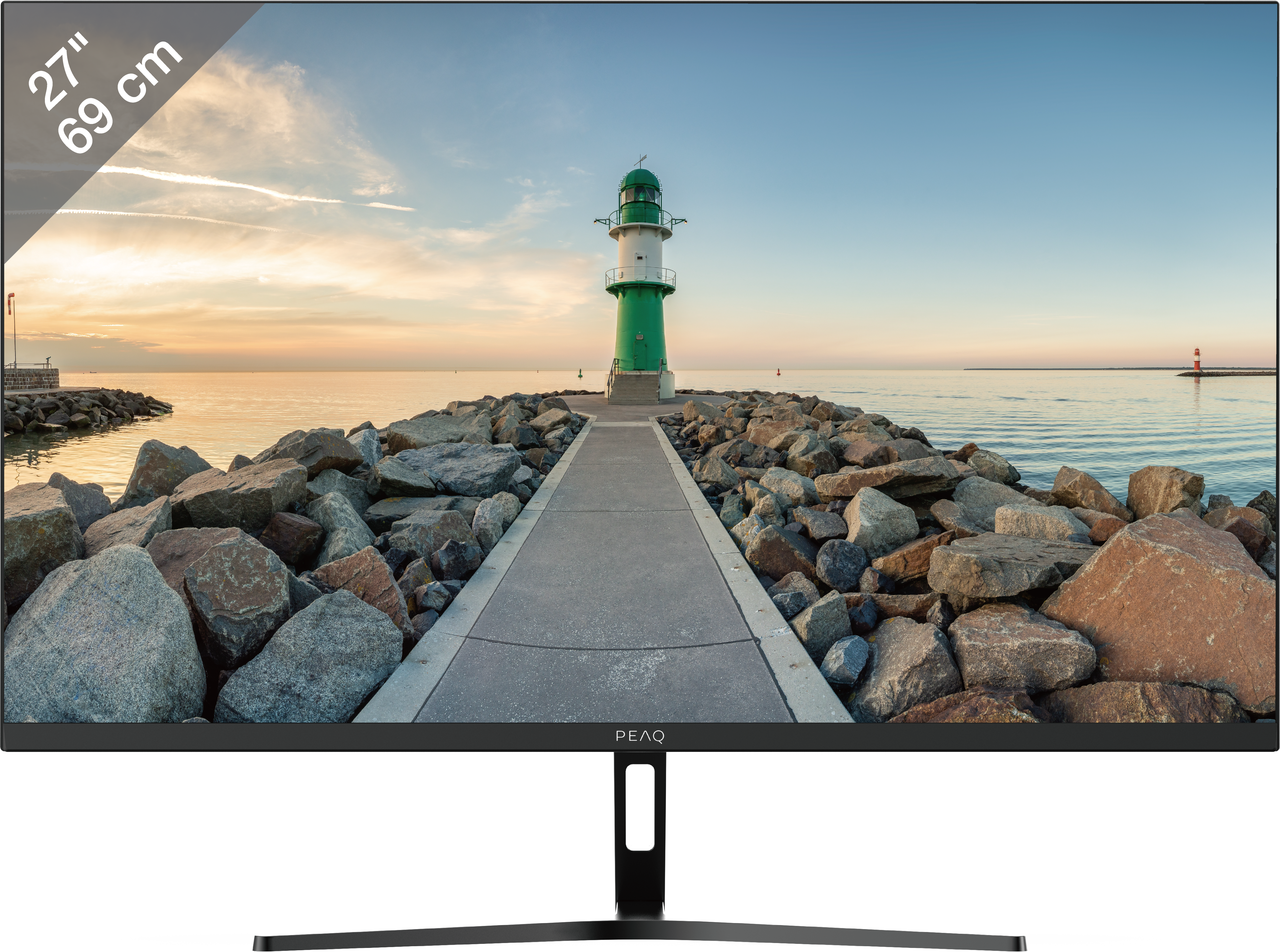 Ein Leuchtturm auf einem felsigen Pier bei Sonnenuntergang. Ein Weg führt zum Leuchtturm.