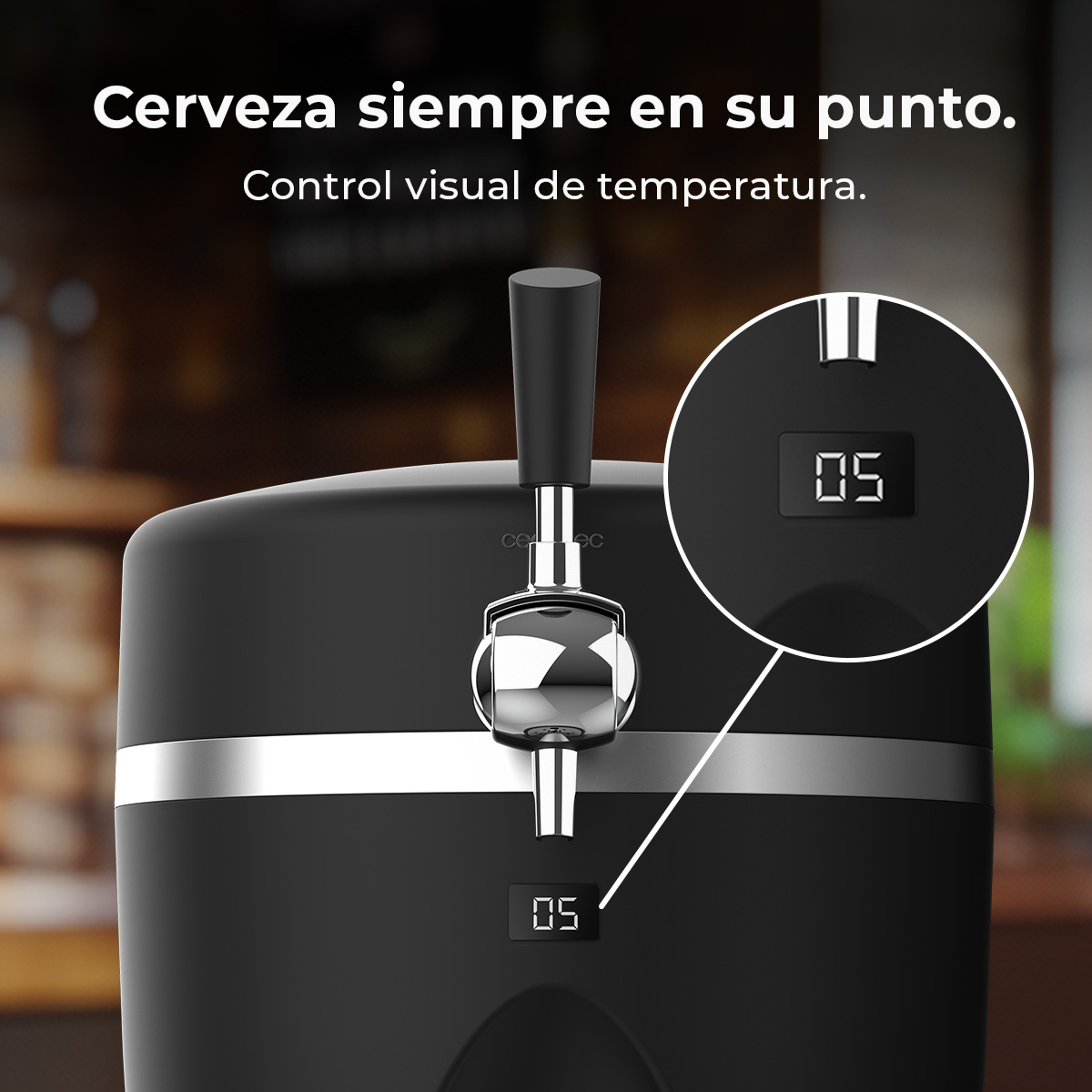 Grifo de cerveza negro con pantalla digital de temperatura (05) en primer plano.