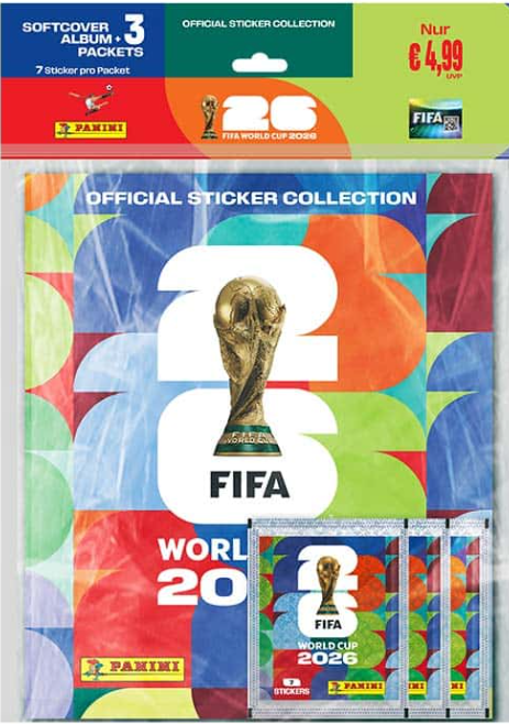 FIFA WM 2026 Sticker-Album und 3 Sticker-Packs mit Pokal-Design.