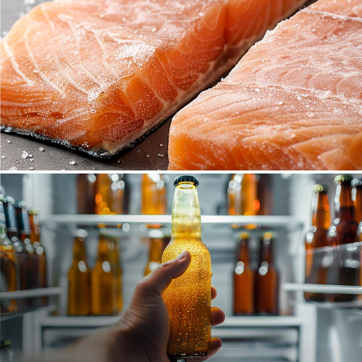 Filetes de salmón crudo y una mano sacando una cerveza fría de la nevera.